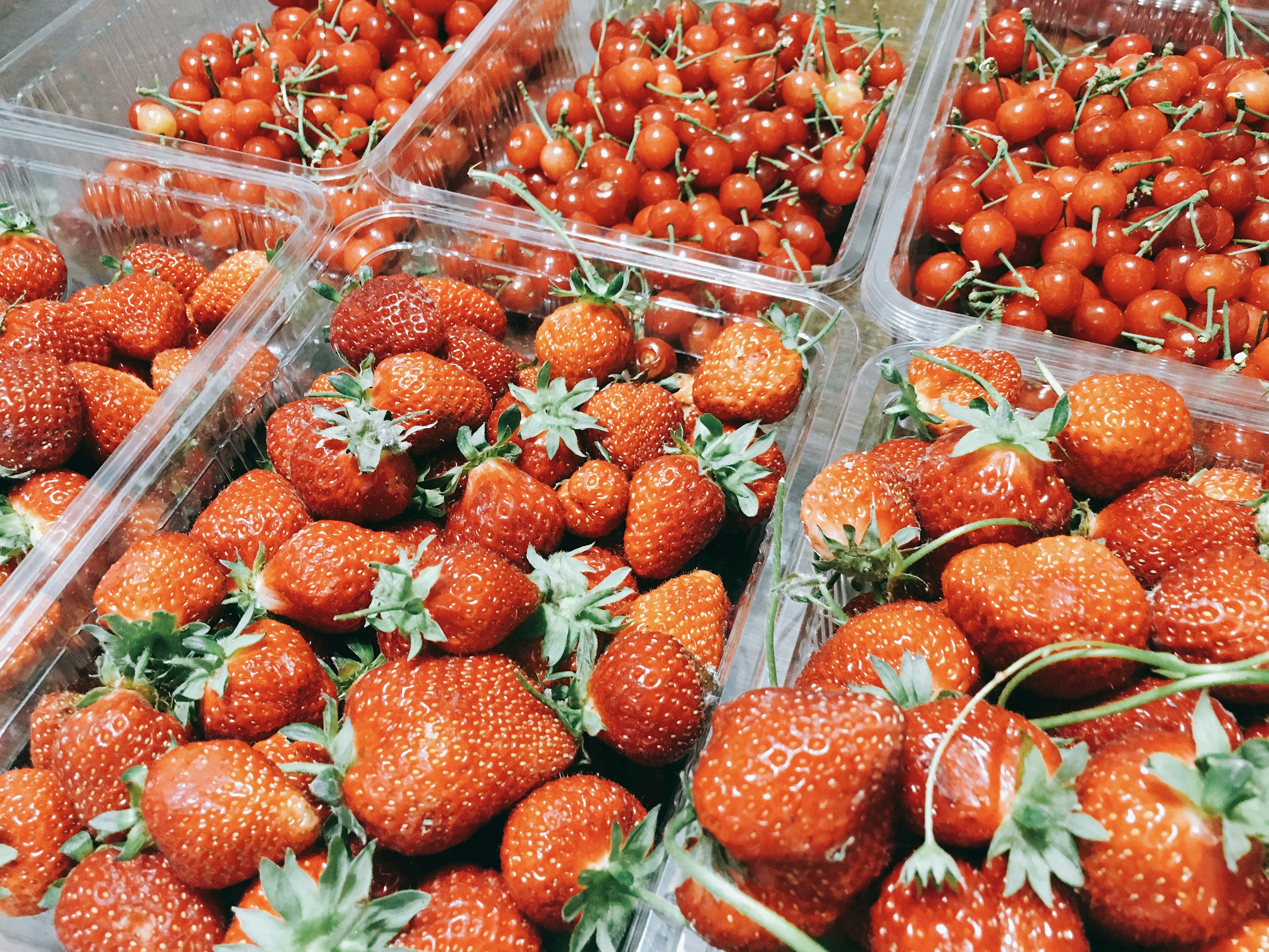 Fresas frescas y tomates pequeños organizados en contenedores de plástico