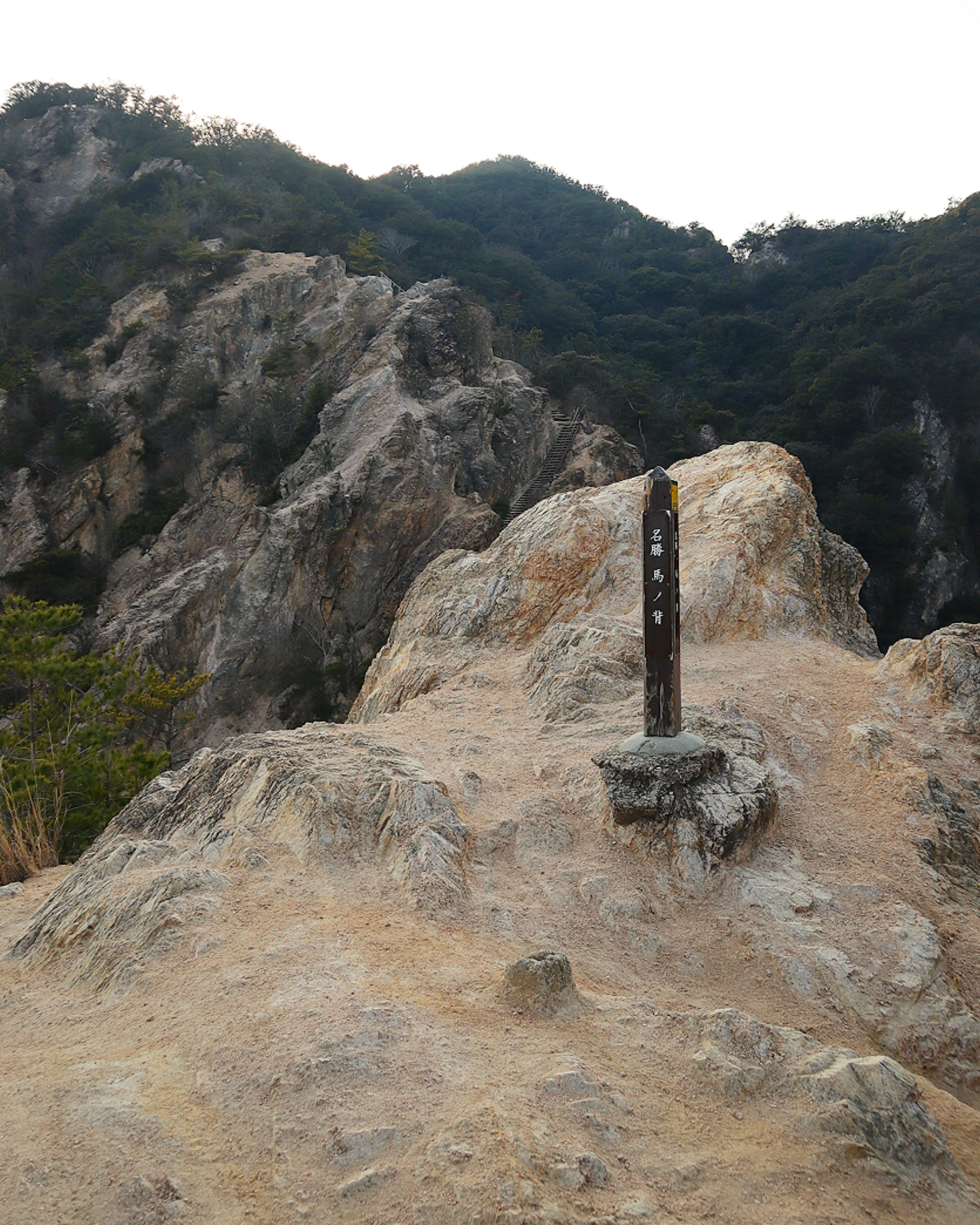 岩石地形上的标志与山景背景