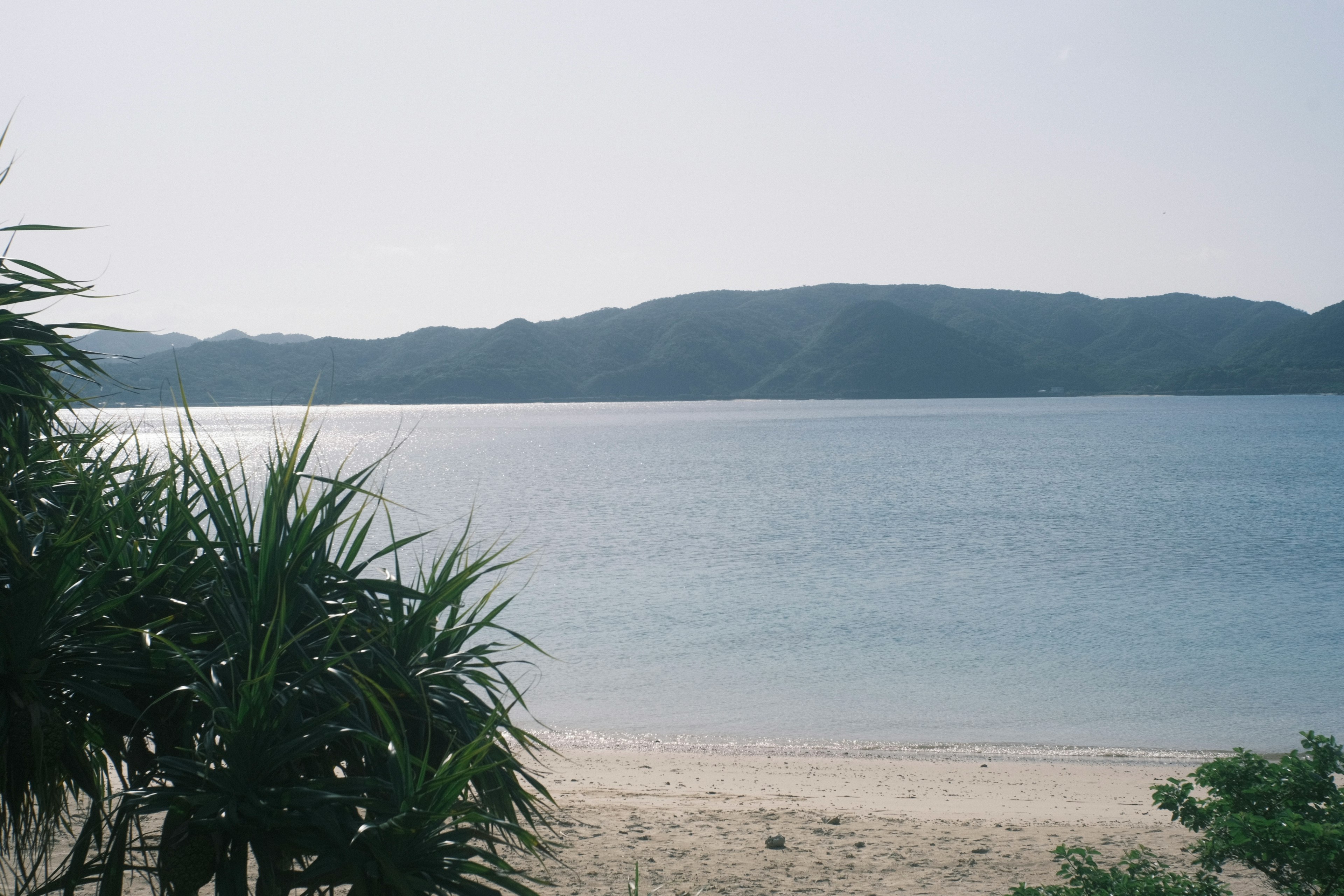 宁静的海滩景色，远处有山脉和宁静的蓝色海洋