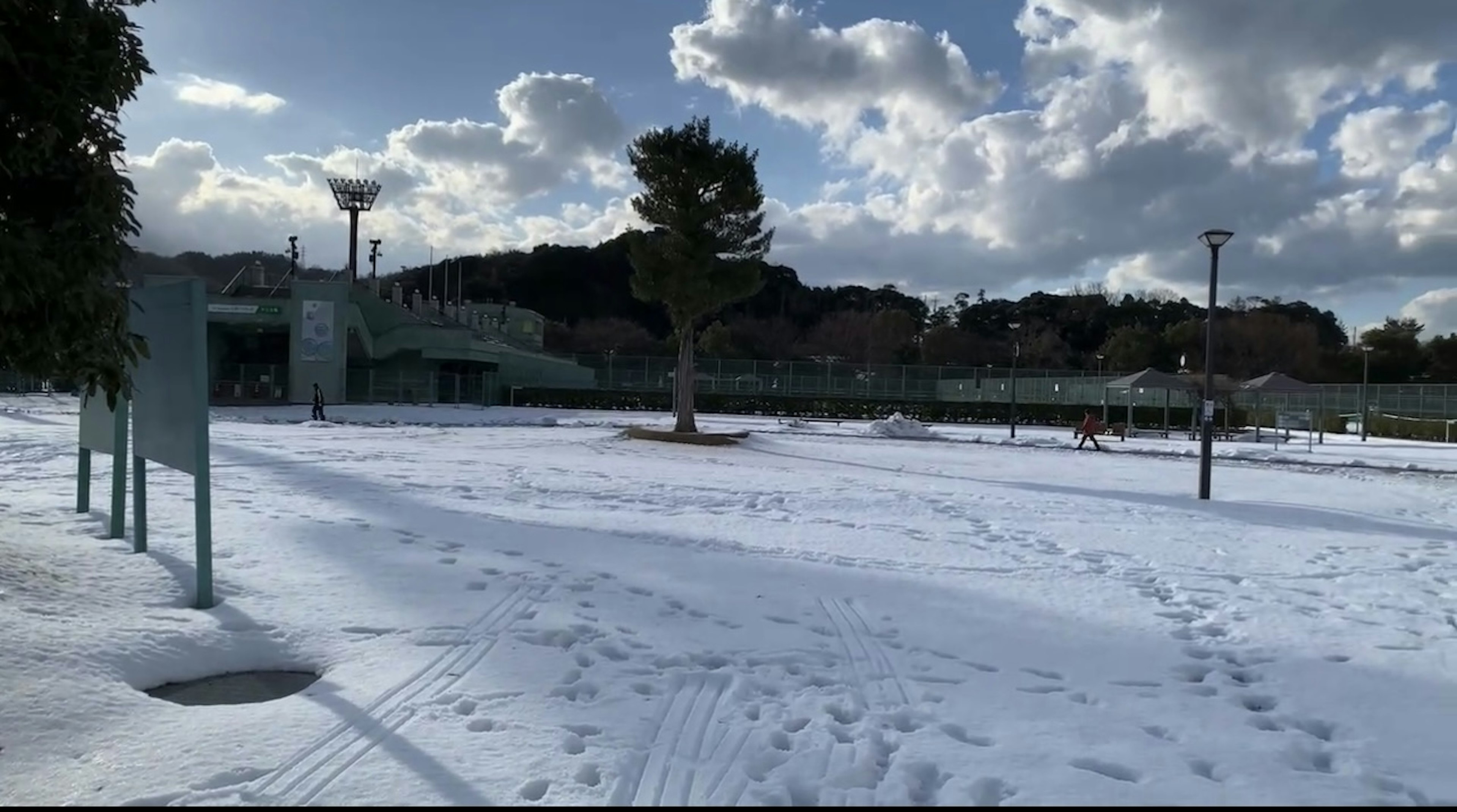 Paisaje de parque cubierto de nieve con cielo azul