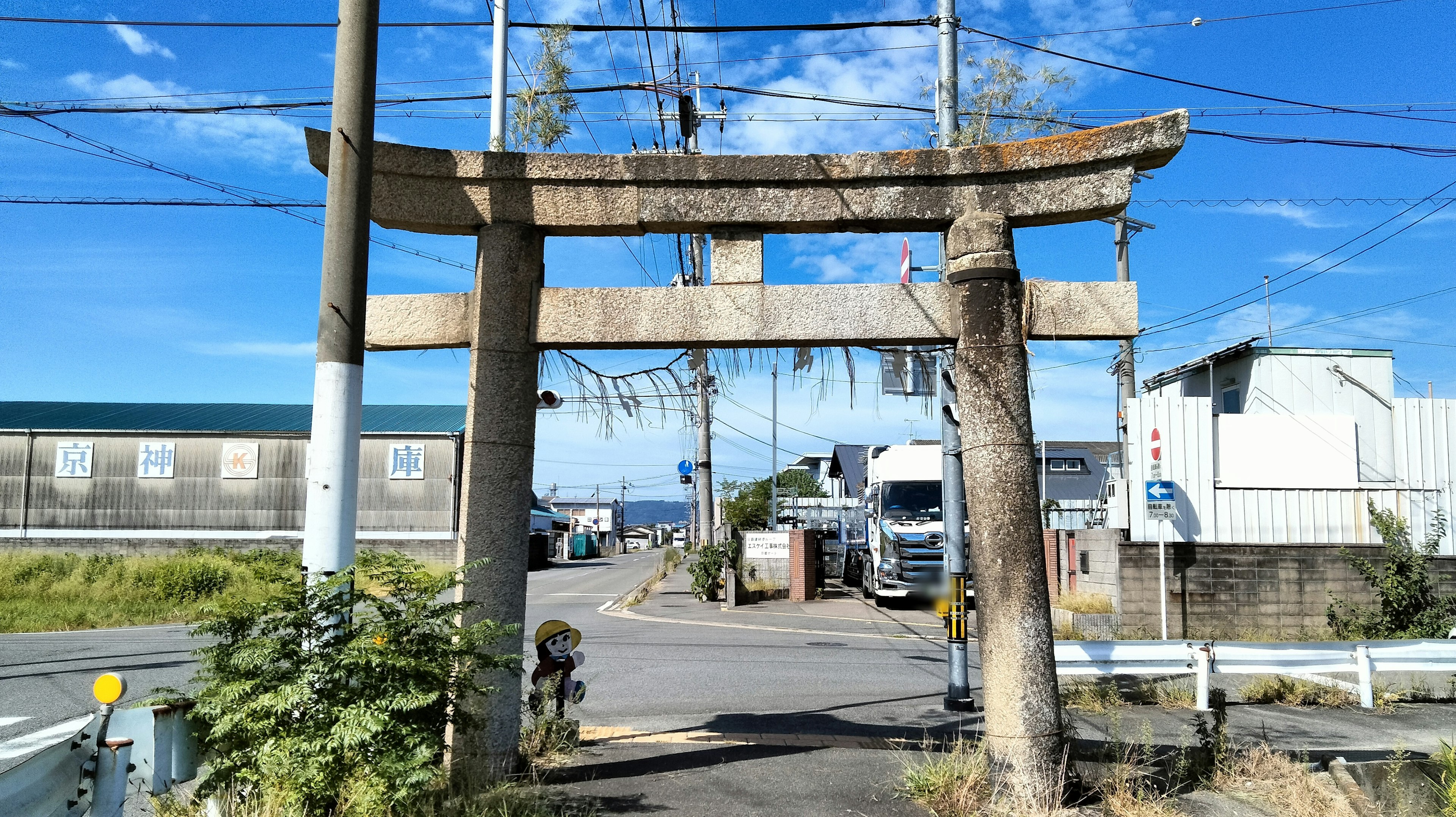 Weathered torii gate against a blue sky