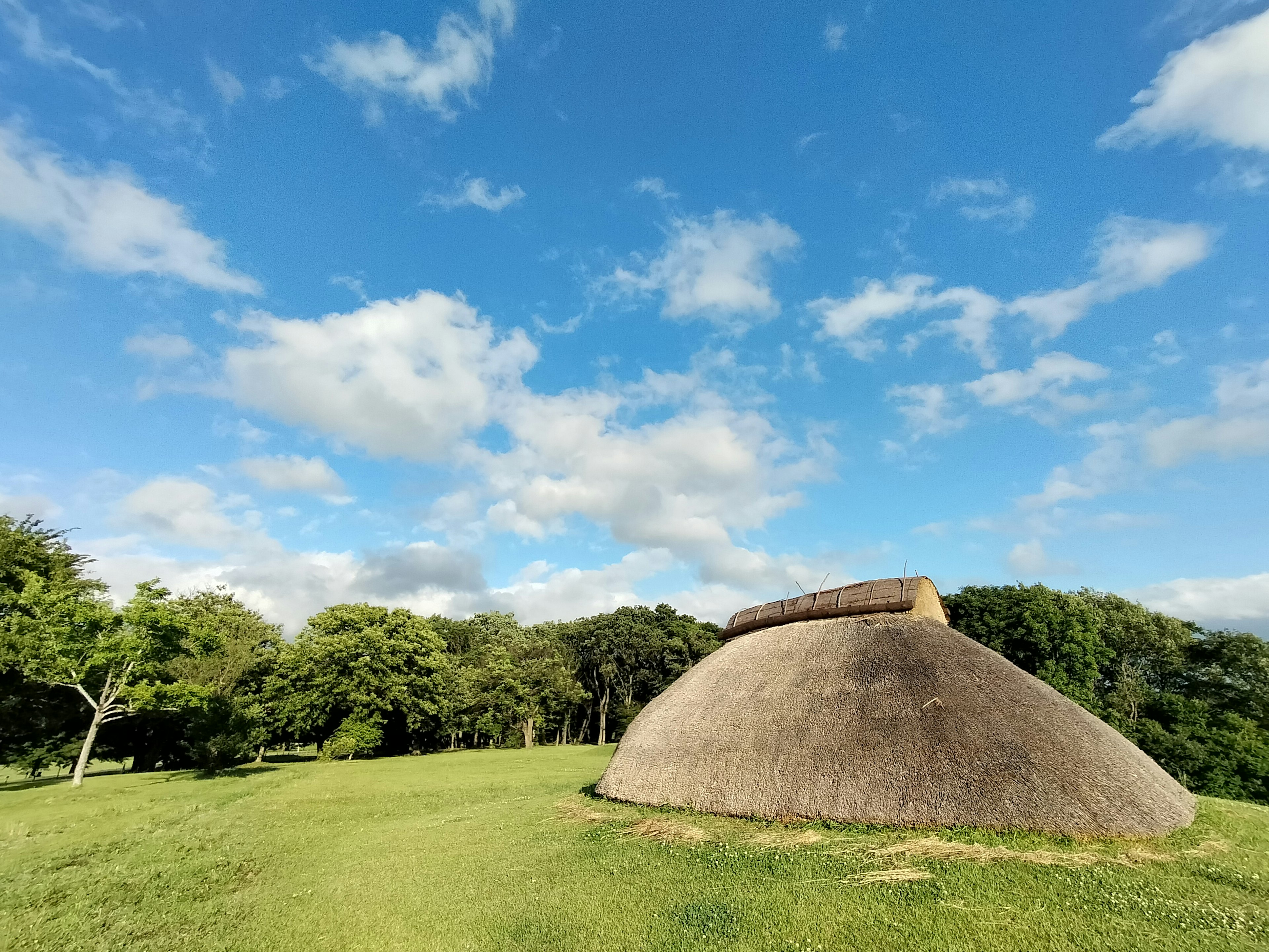 Ancient thatched house on a green meadow under a blue sky