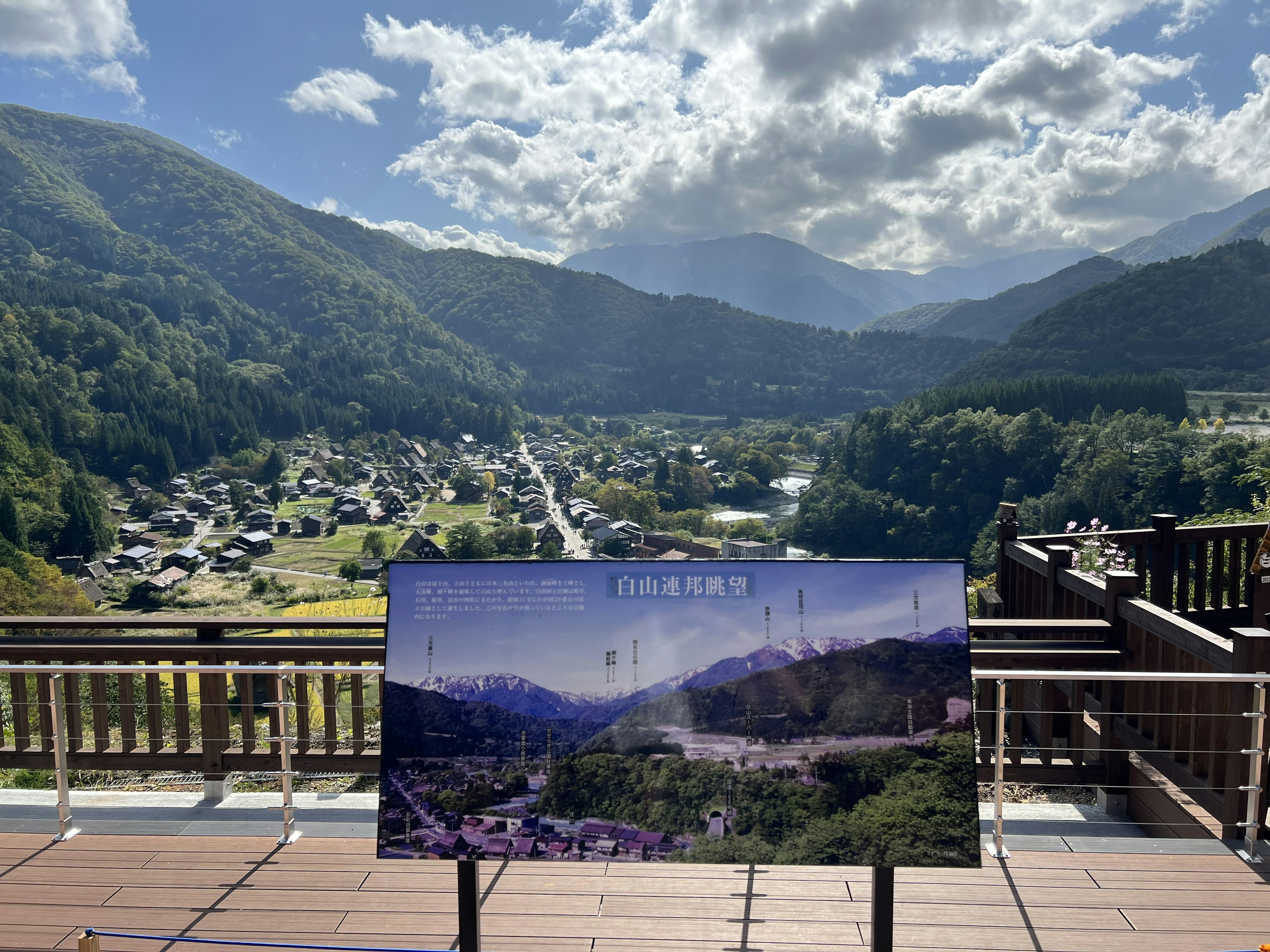 Vue panoramique de montagnes et d'un village avec panneau informatif