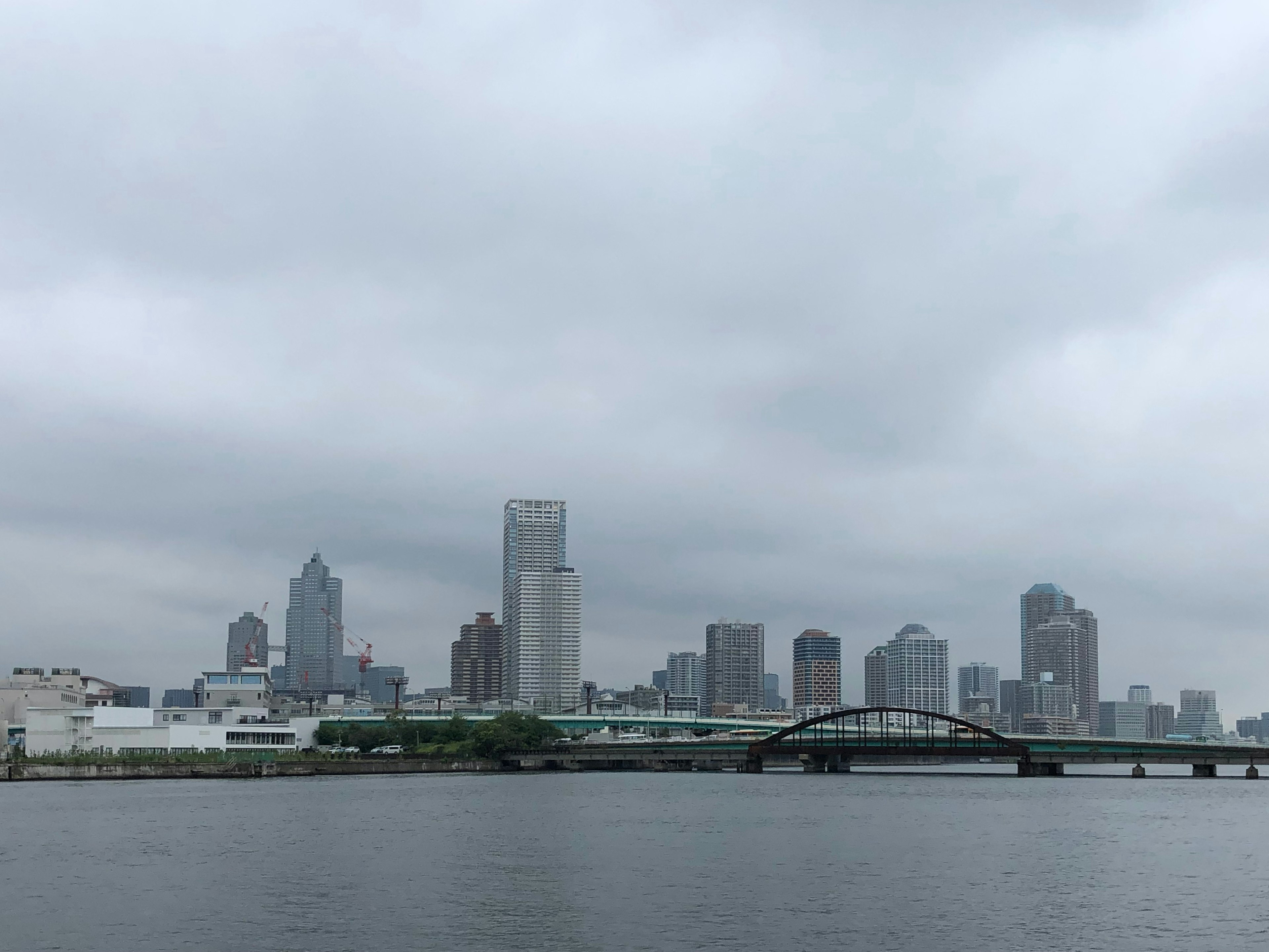 陰雲密佈的天空下的城市天際線，有高樓和一座橋