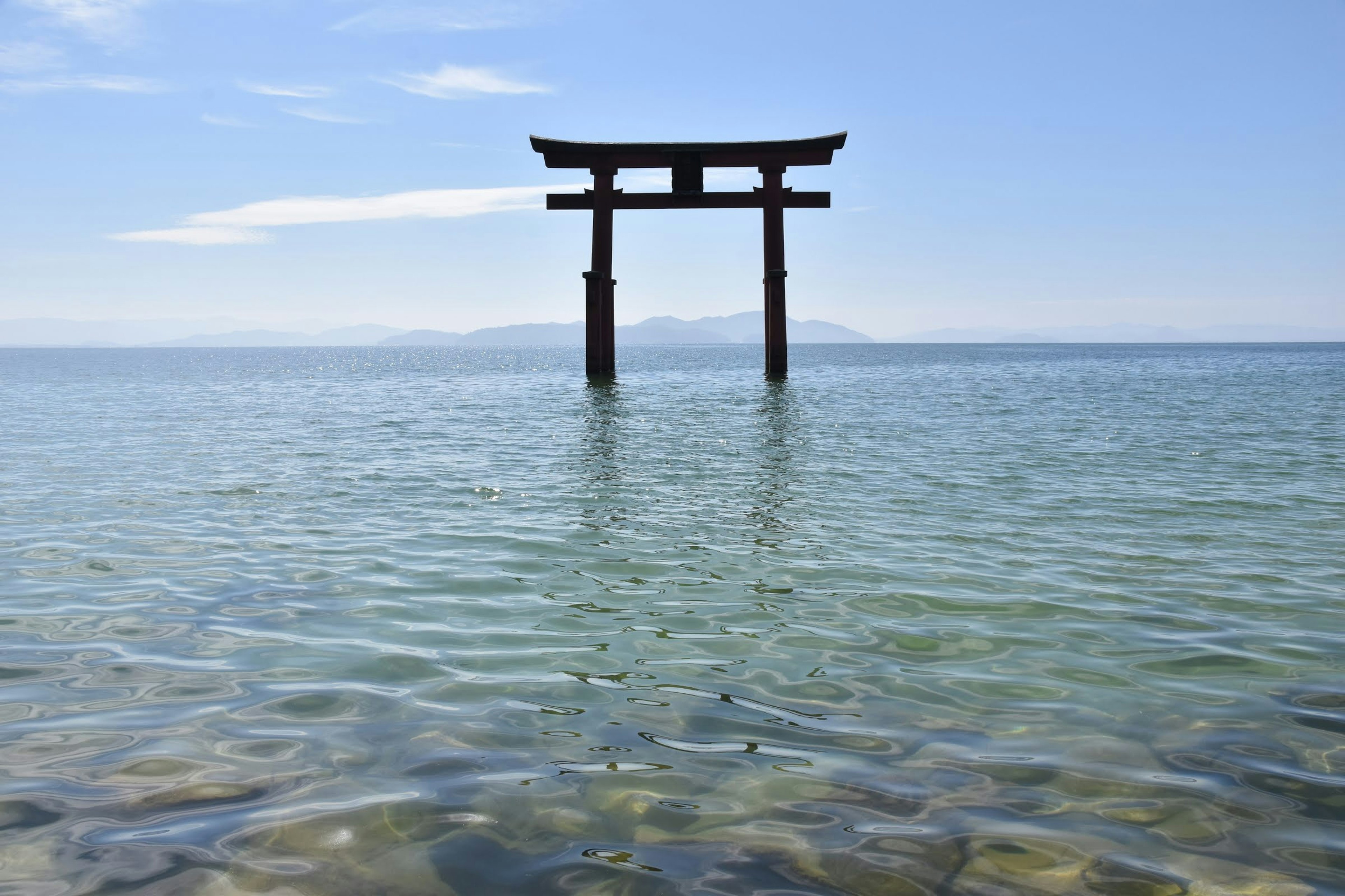 Gerbang torii berdiri di air jernih