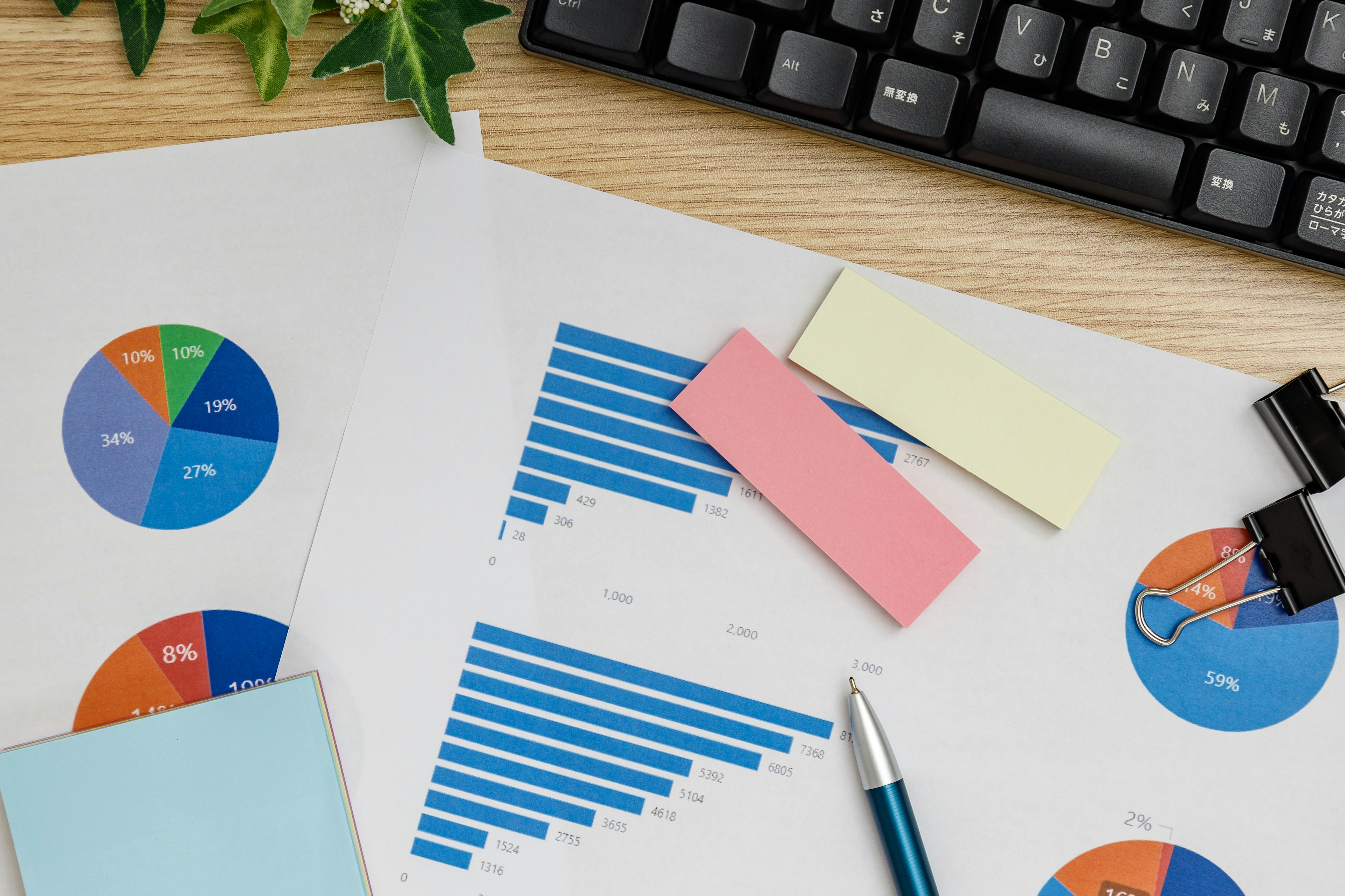 Documents featuring colorful graphs and charts on a desk with sticky notes and a pen next to a keyboard