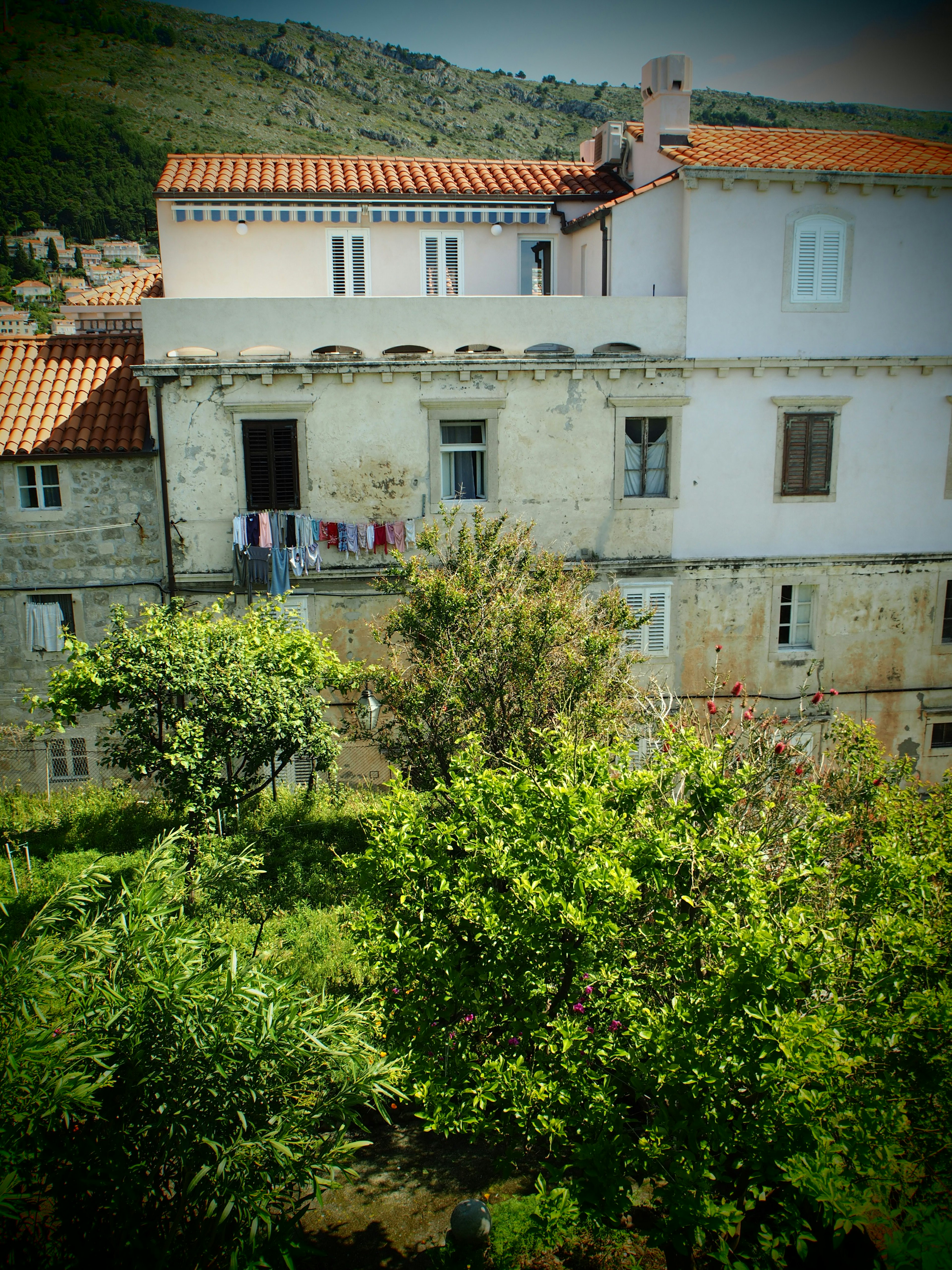 Ancienne maison avec un balcon affichant du linge entourée de verdure luxuriante