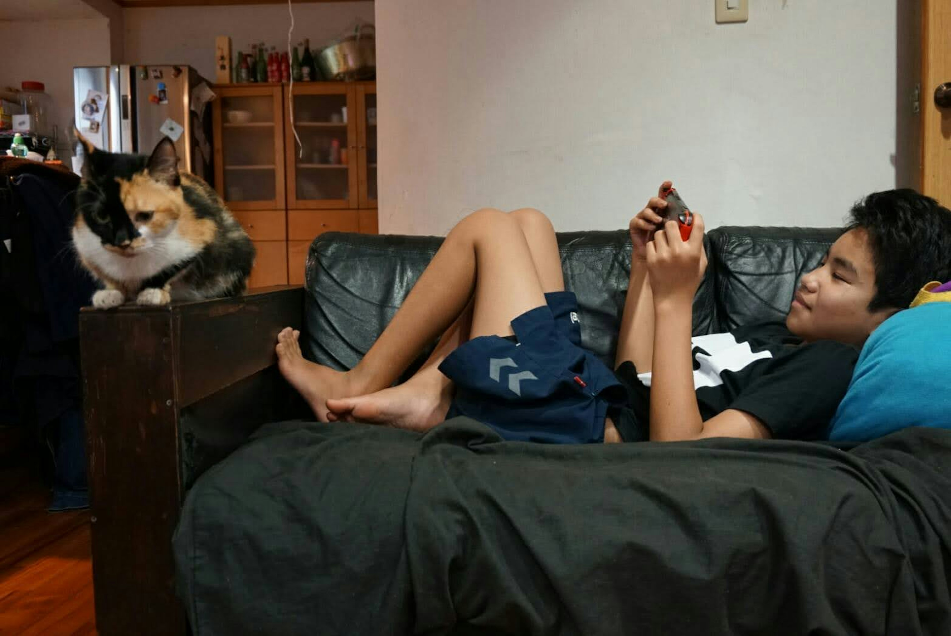 A boy lounging on a sofa with a cat nearby