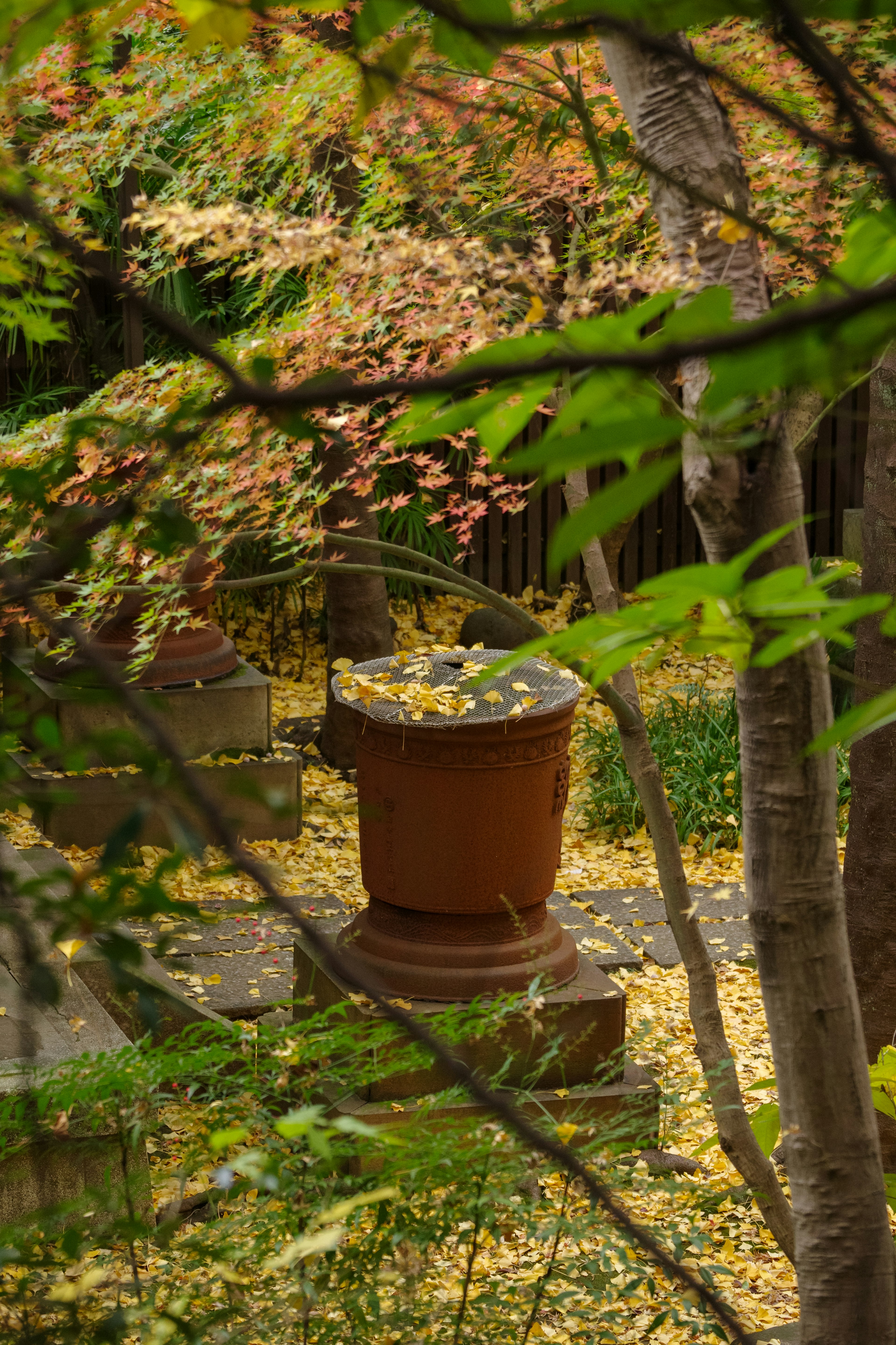 Clay pot surrounded by fallen leaves in an autumn garden