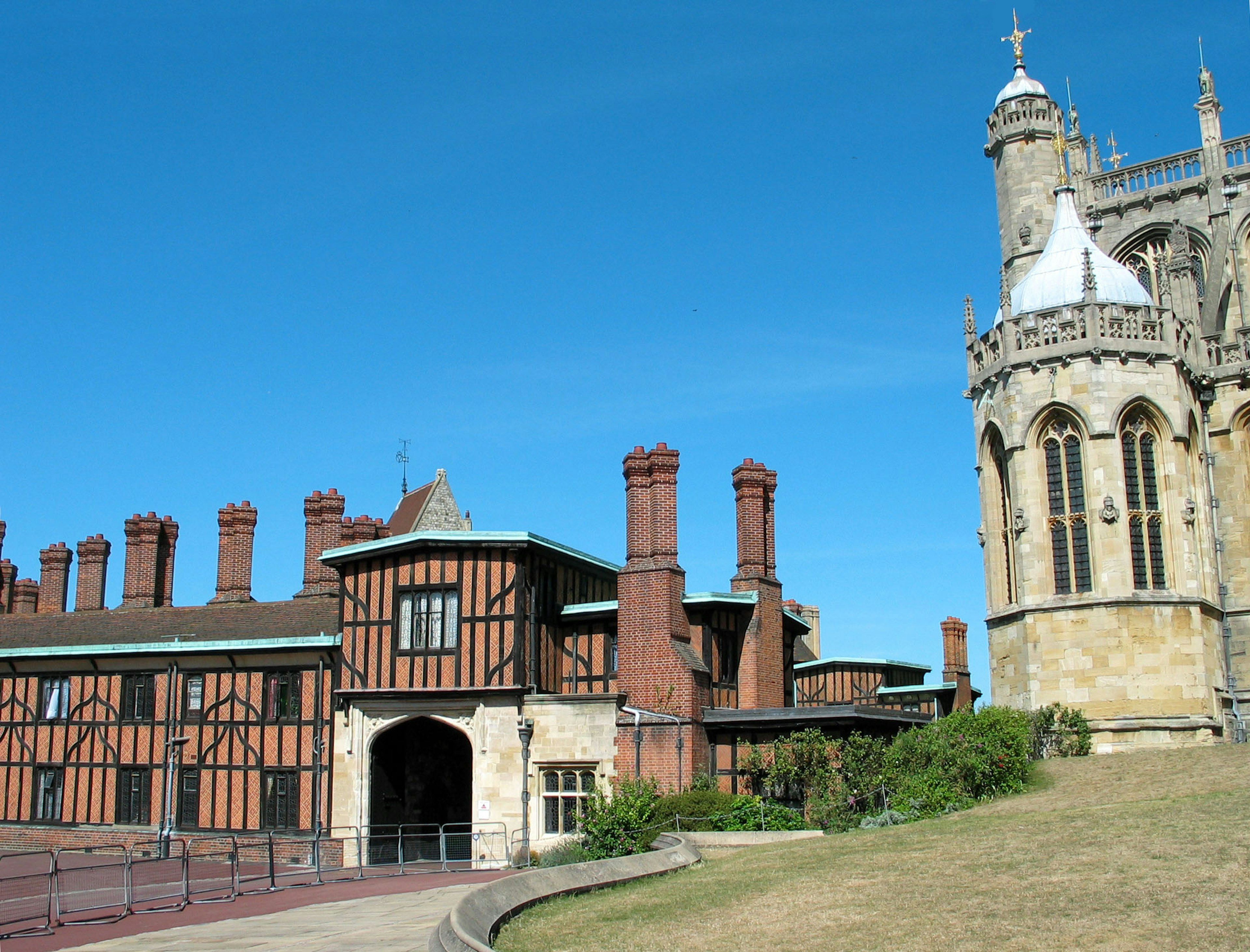 Historic building with unique architecture against a clear blue sky