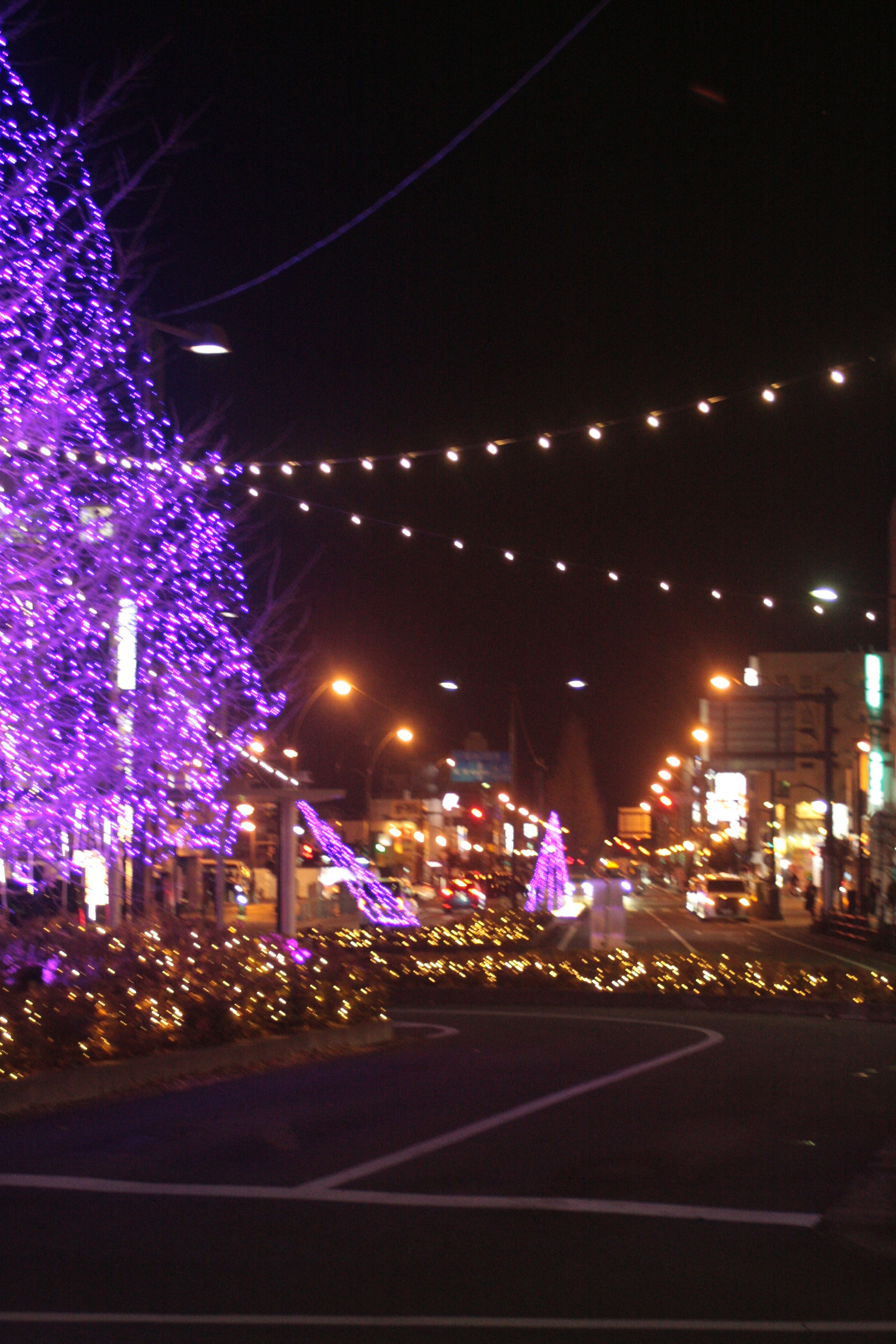 Scena notturna con un albero di Natale viola e luci brillanti che illuminano la strada