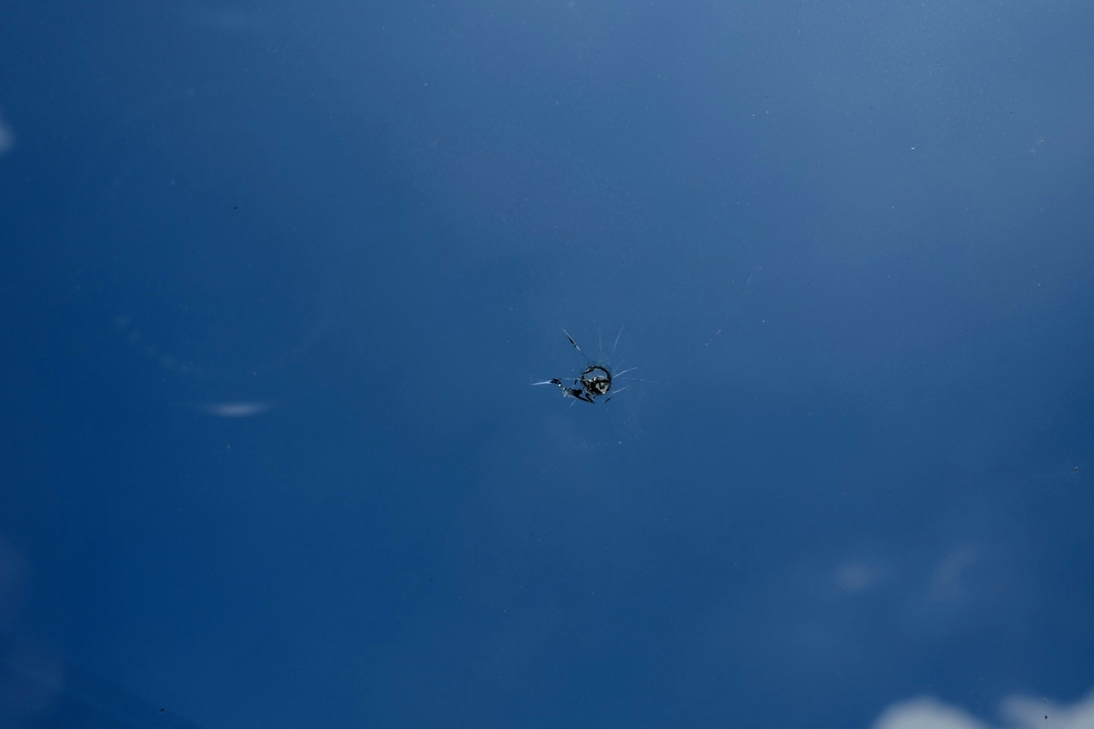 Ein kleines Spinnennetz und die Spinne in der Mitte vor einem blauen Himmel