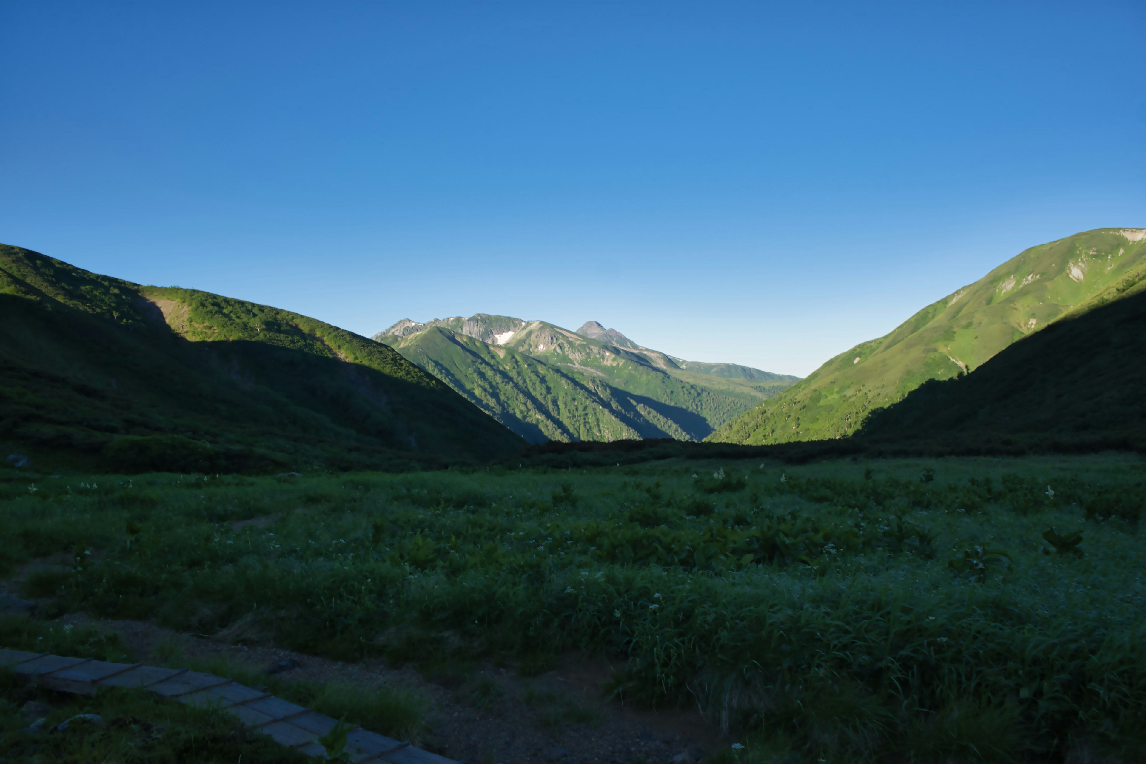 Scenic view of green meadow and mountains under a blue sky