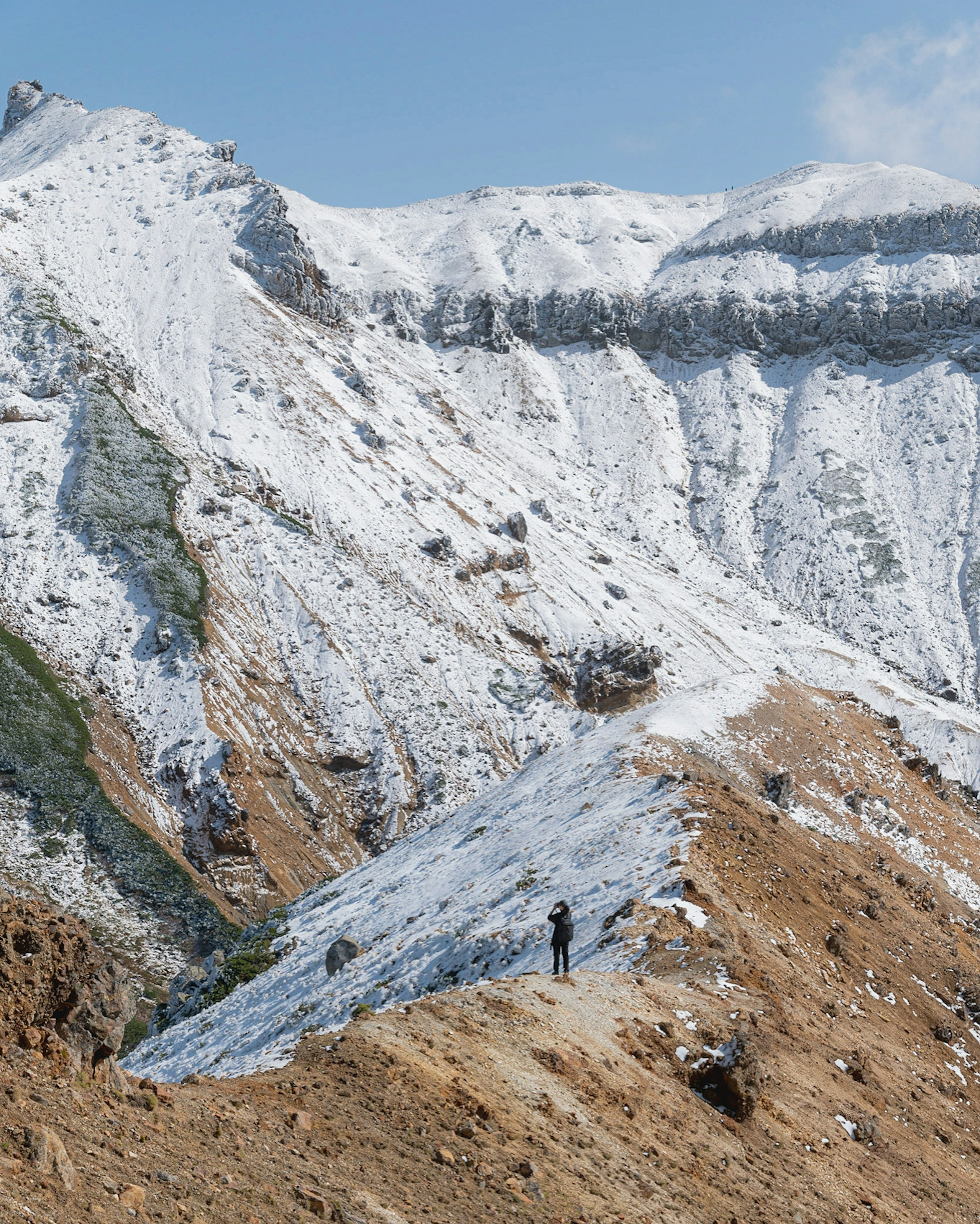 雪に覆われた山々と登山者の風景