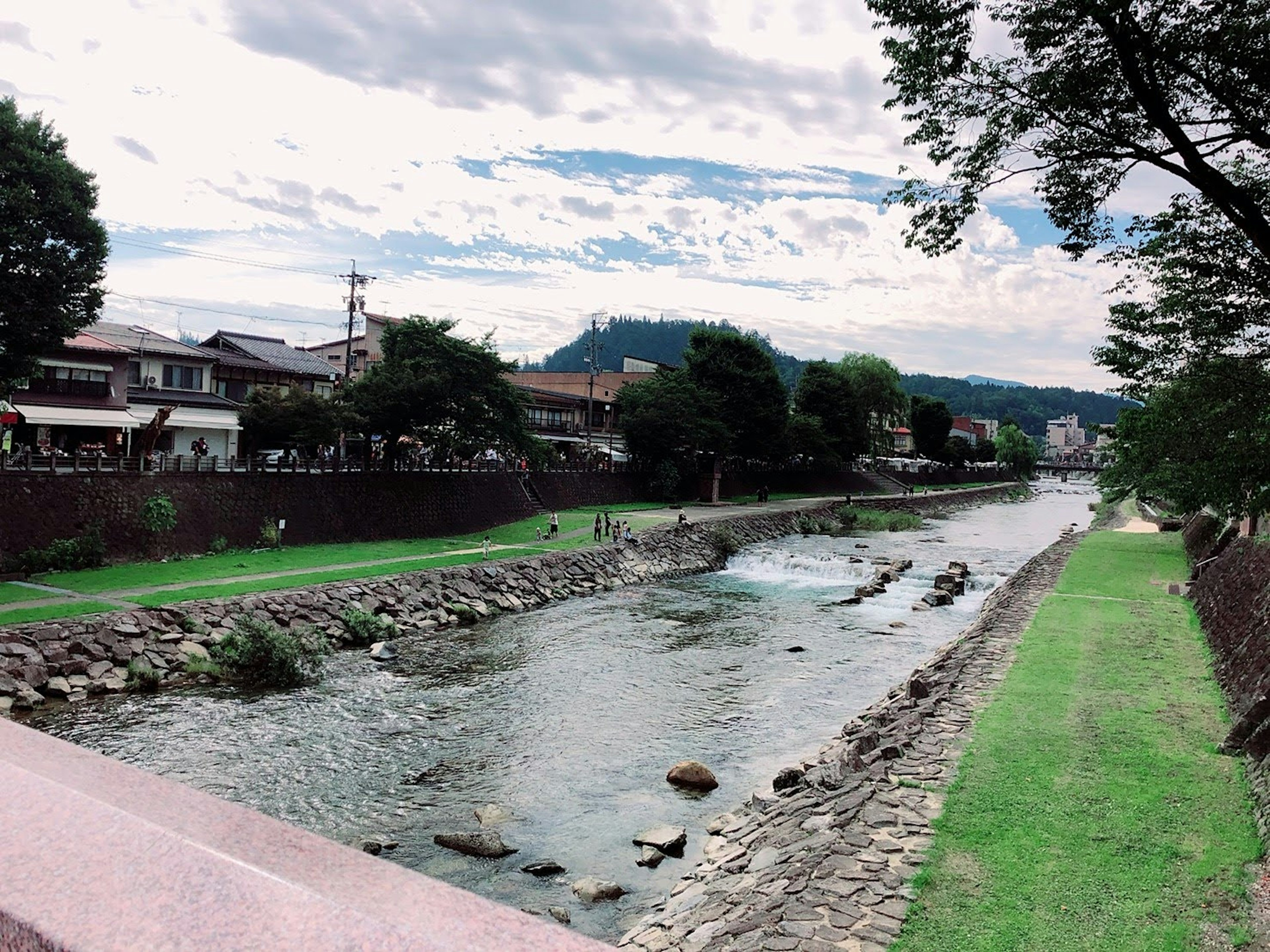 Malersicher Blick auf einen Fluss mit grünen Grasbänken und Häusern am Ufer