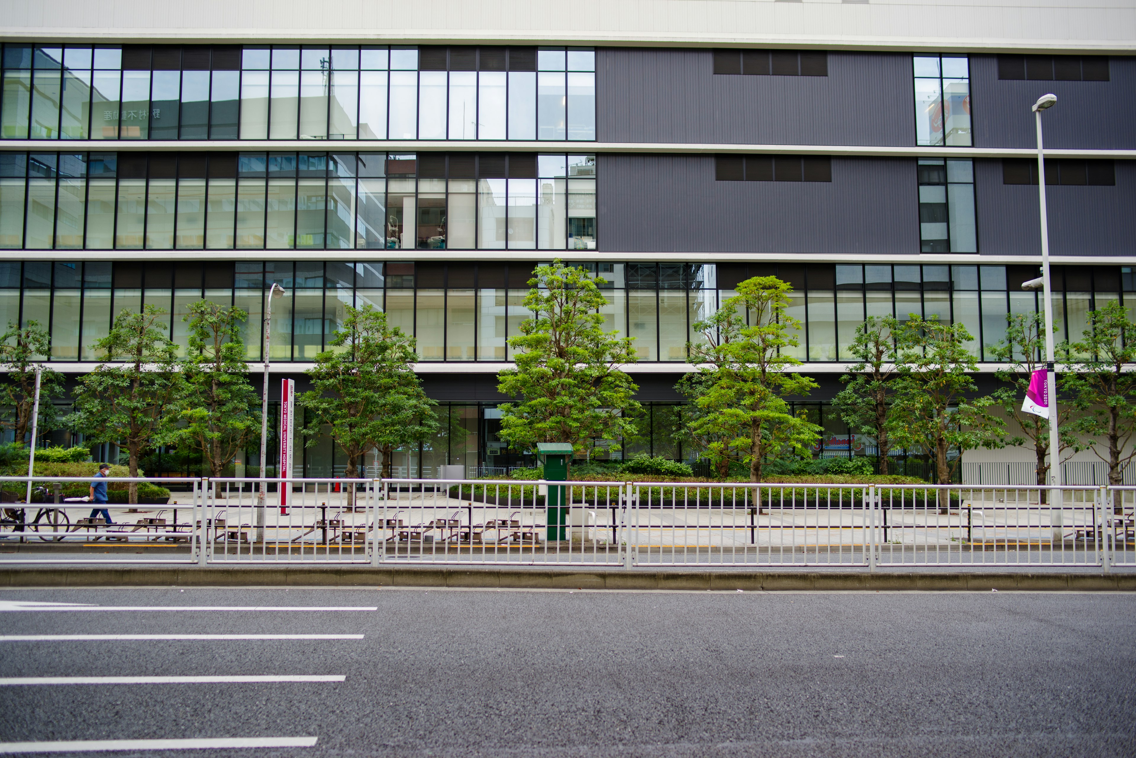 Bâtiment moderne avec des arbres verts et des lignes épurées