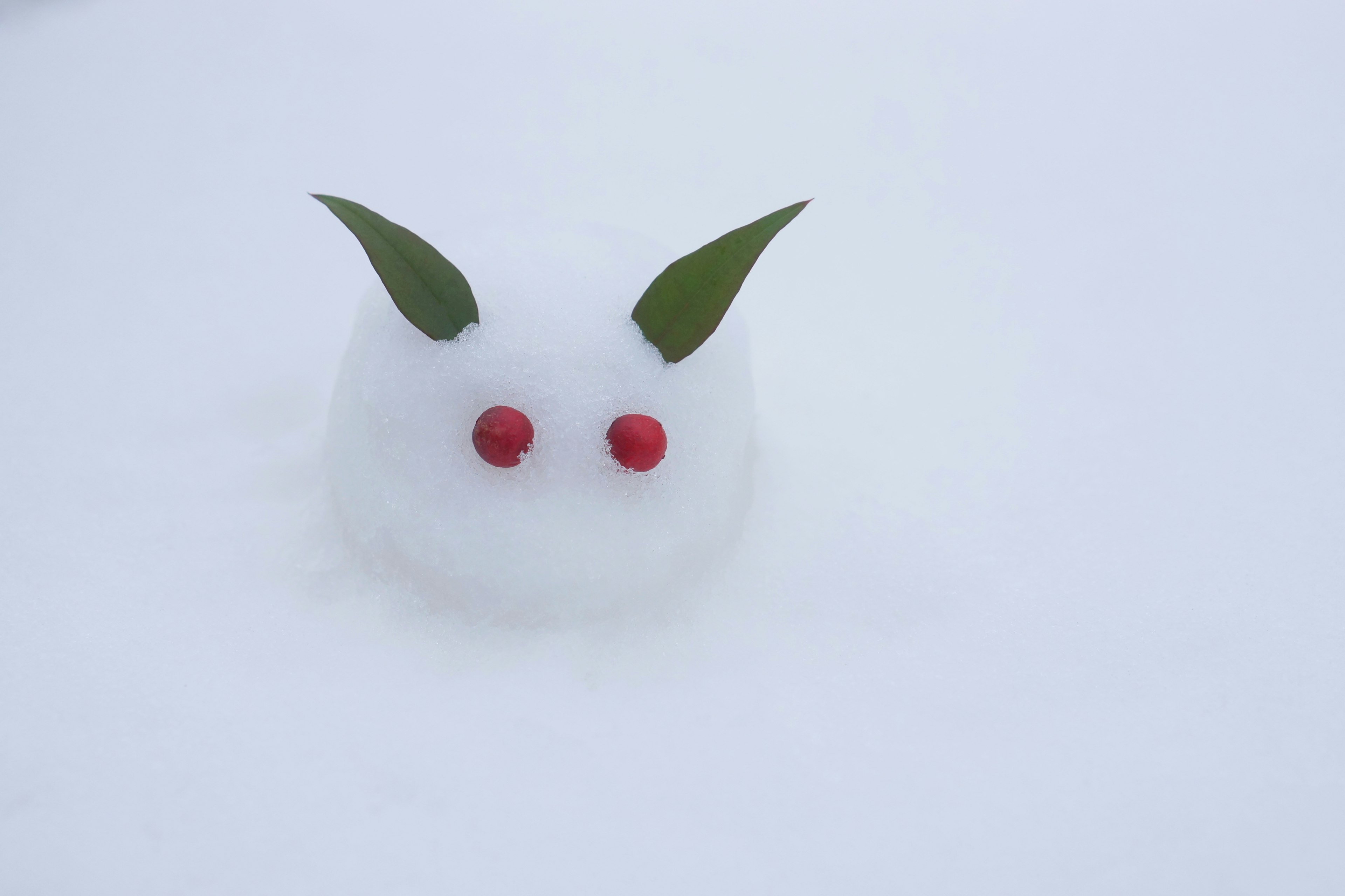 A small snowman-like figure on the snow with red eyes and leaf ears