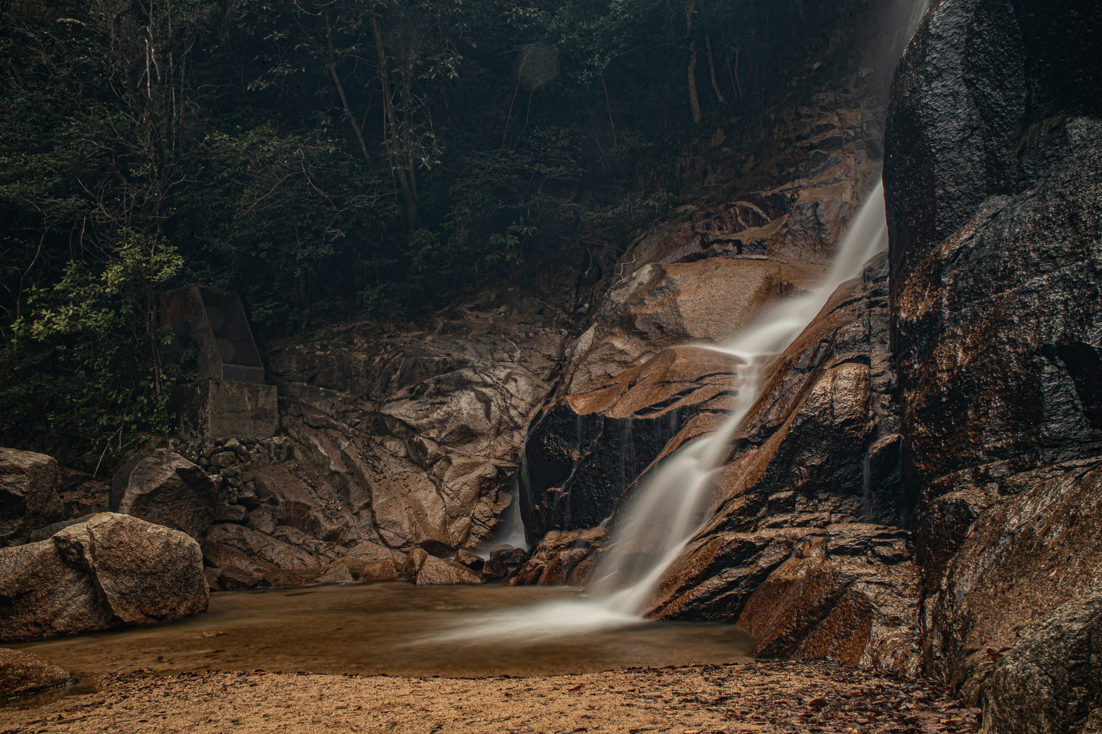 Bella cascata che scorre su rocce in una foresta lussureggiante