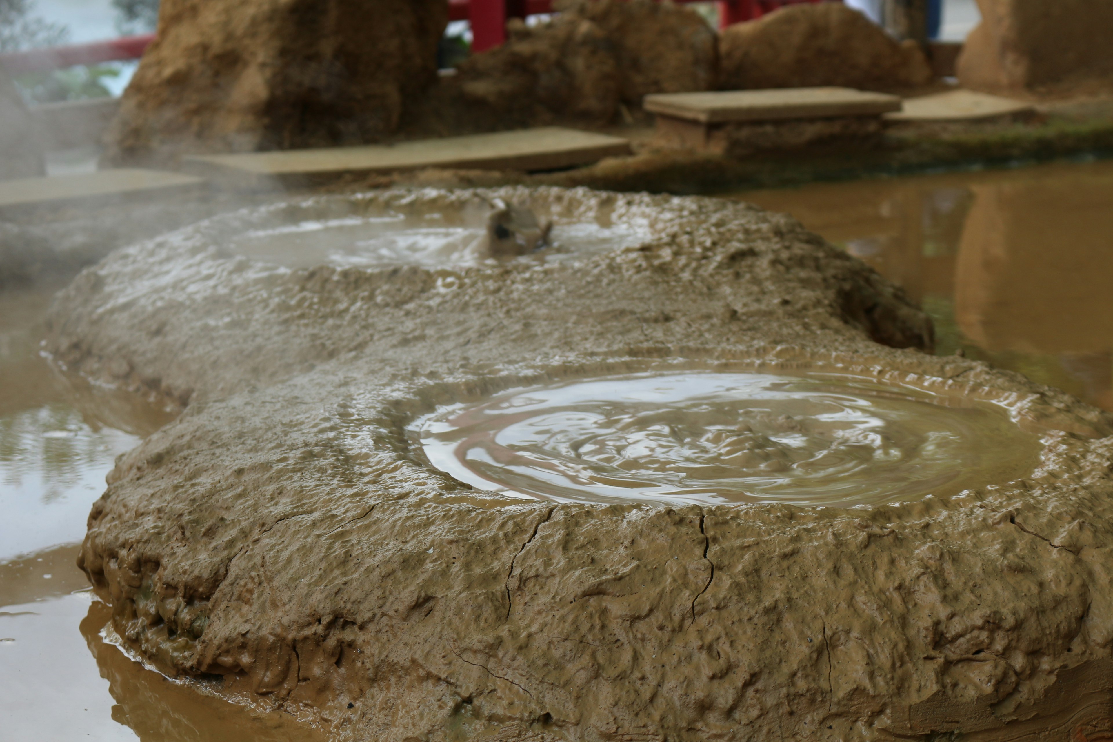 Barro burbujeante en una fuente termal con ondas en la superficie