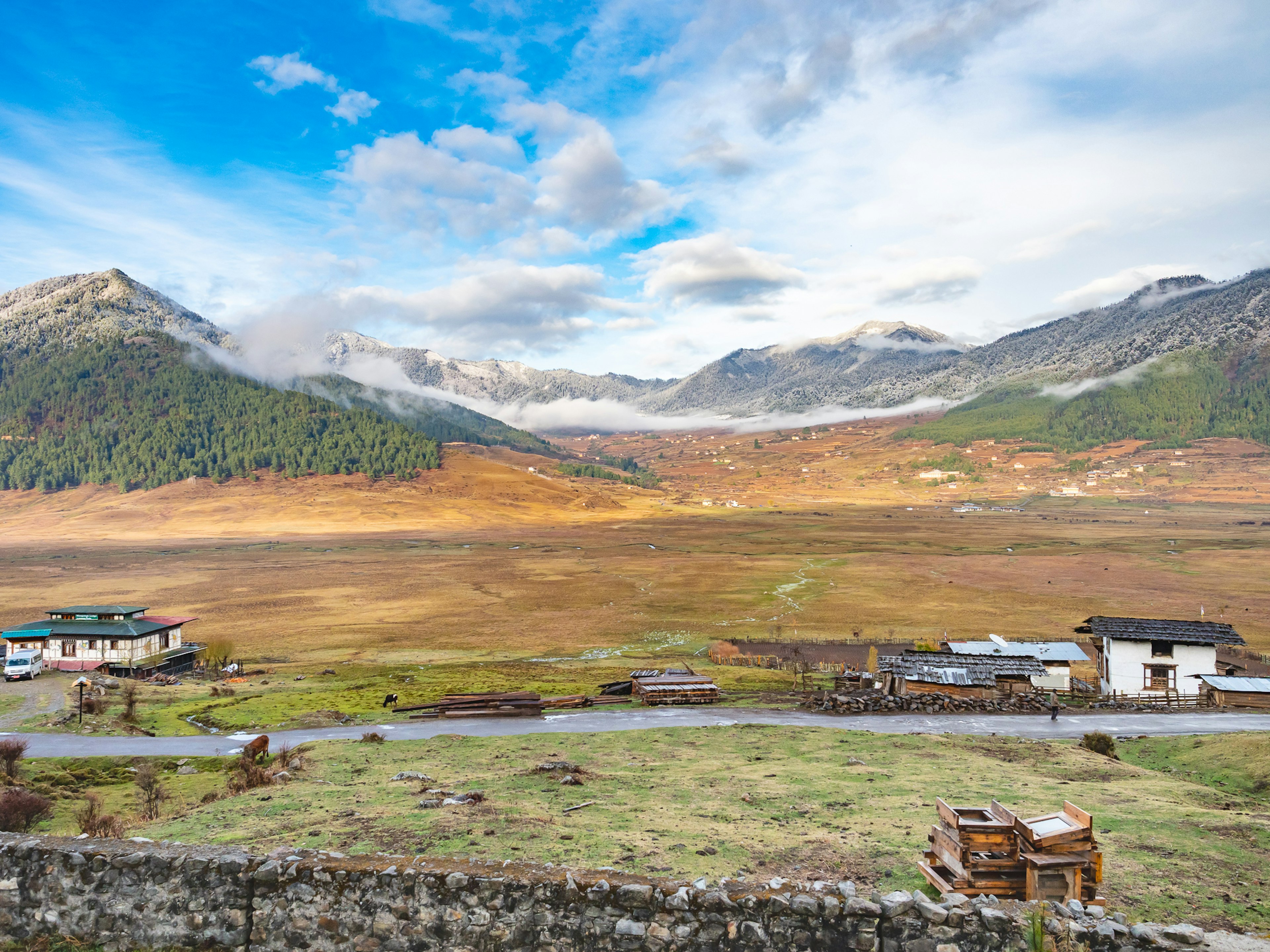 Vista escénica de montañas y vasta pradera bajo un cielo azul con nubes blancas