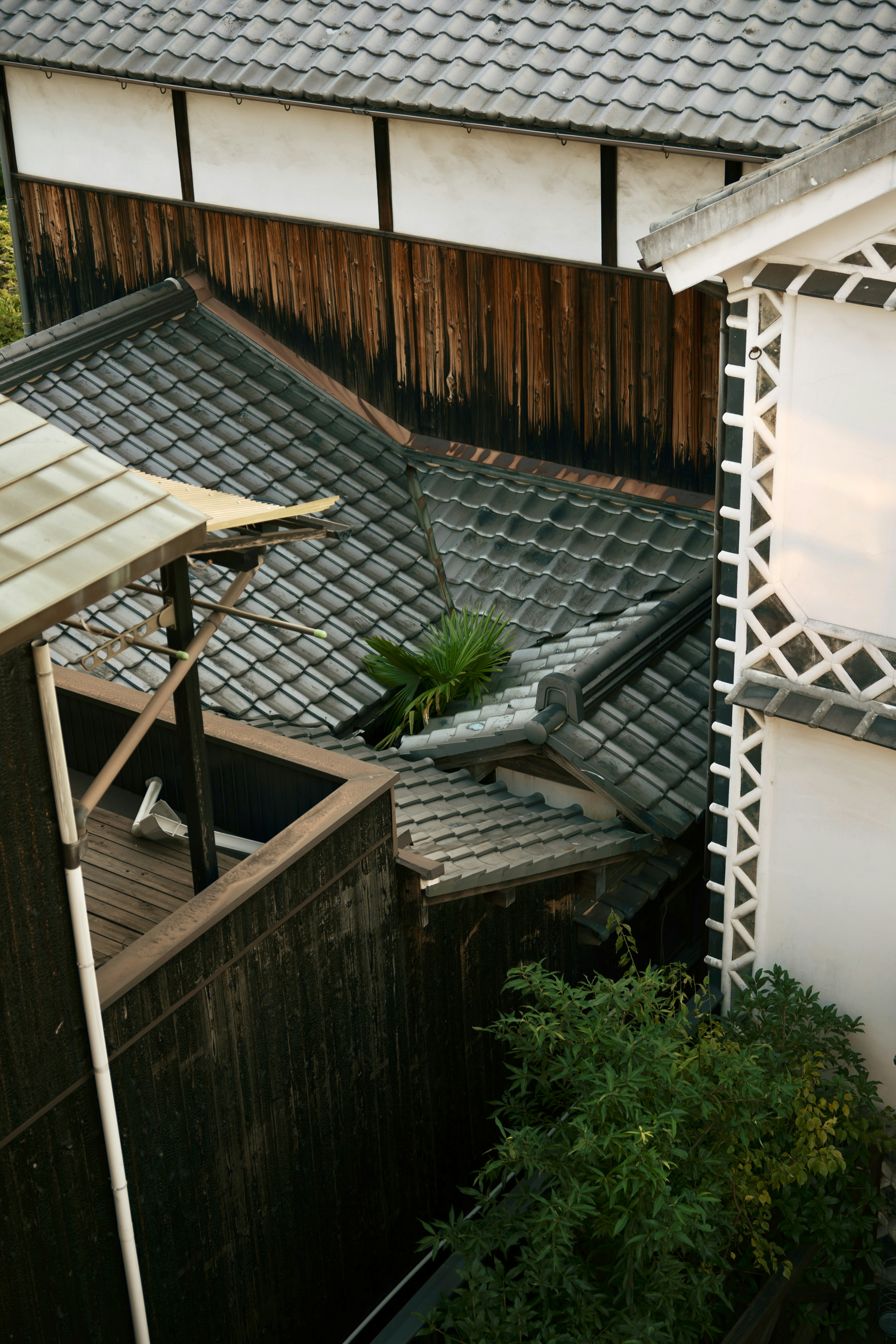 伝統的な日本家屋の屋根と木材の壁が見える風景