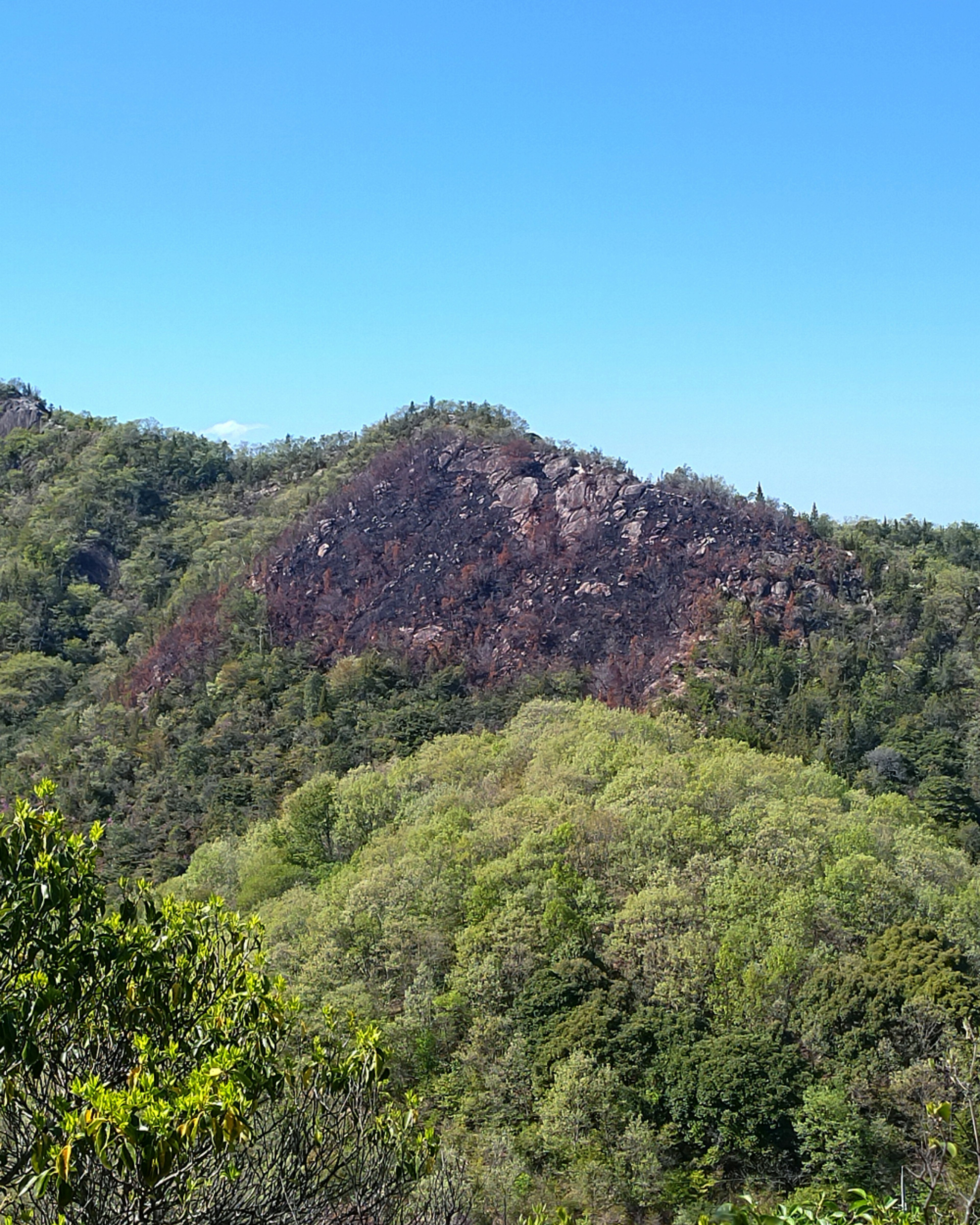 Montaña rocosa rodeada de colinas verdes bajo un cielo azul claro