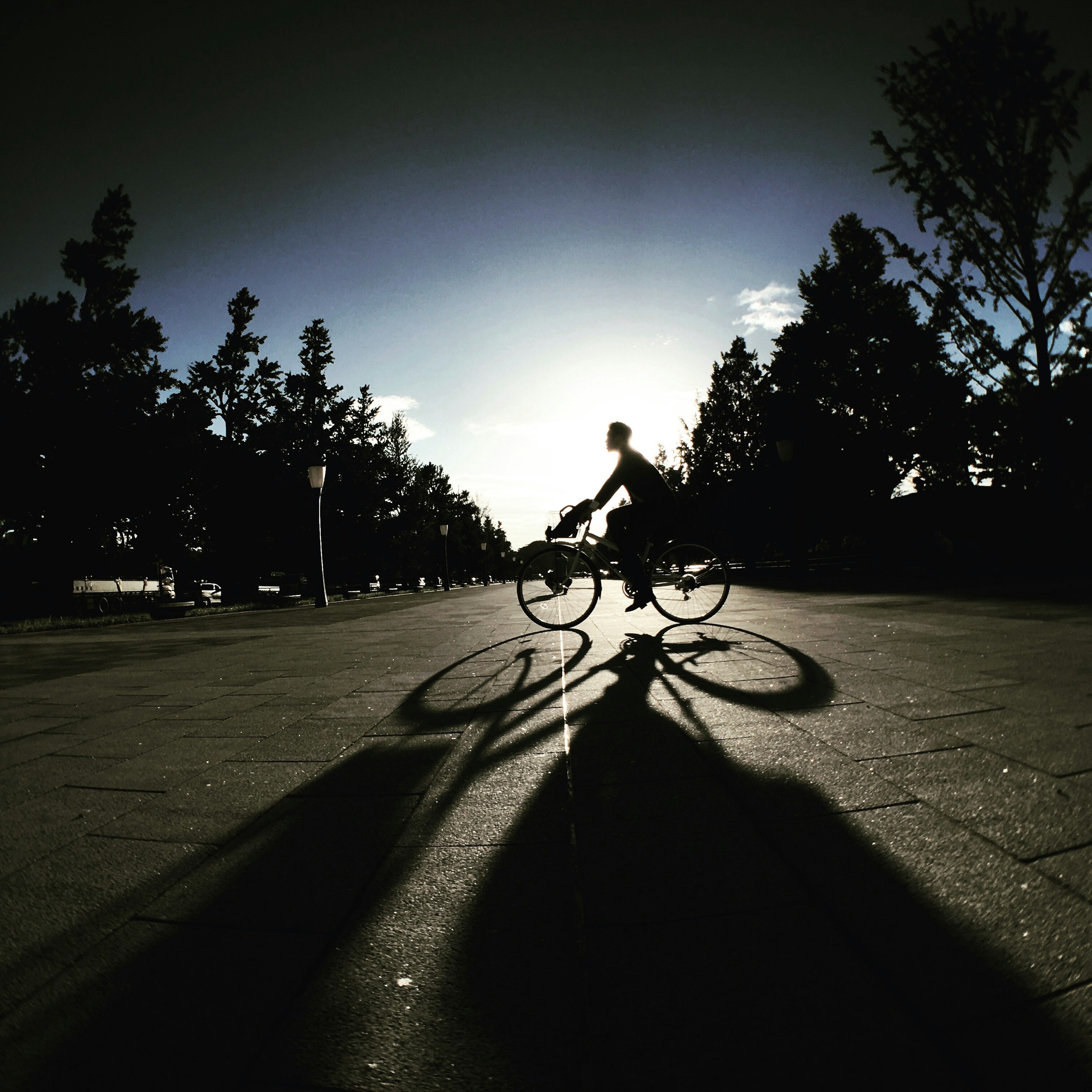 Silhouette d'une personne faisant du vélo projetant une longue ombre au coucher du soleil