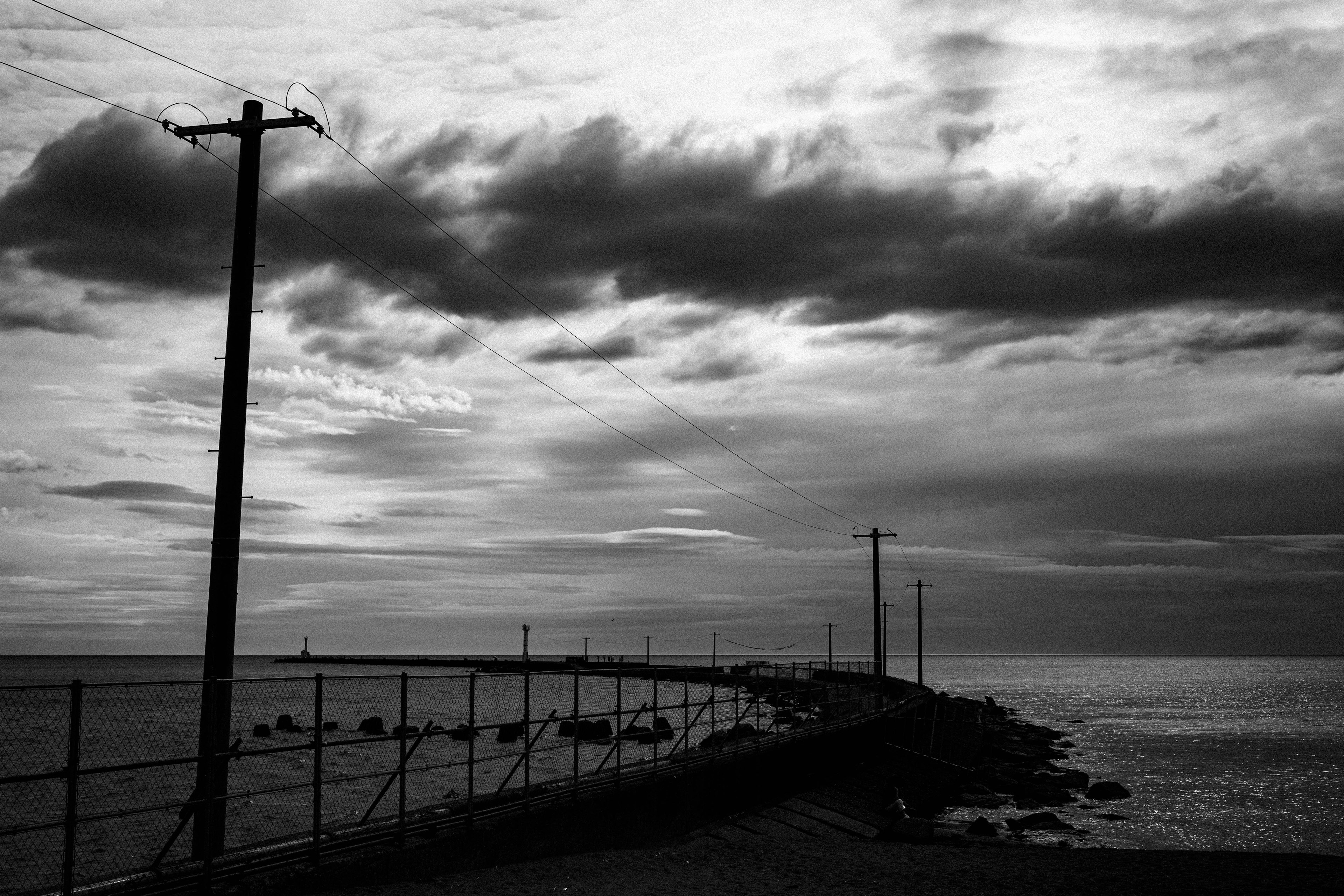 Muelle solitario y postes eléctricos a lo largo de una costa en blanco y negro