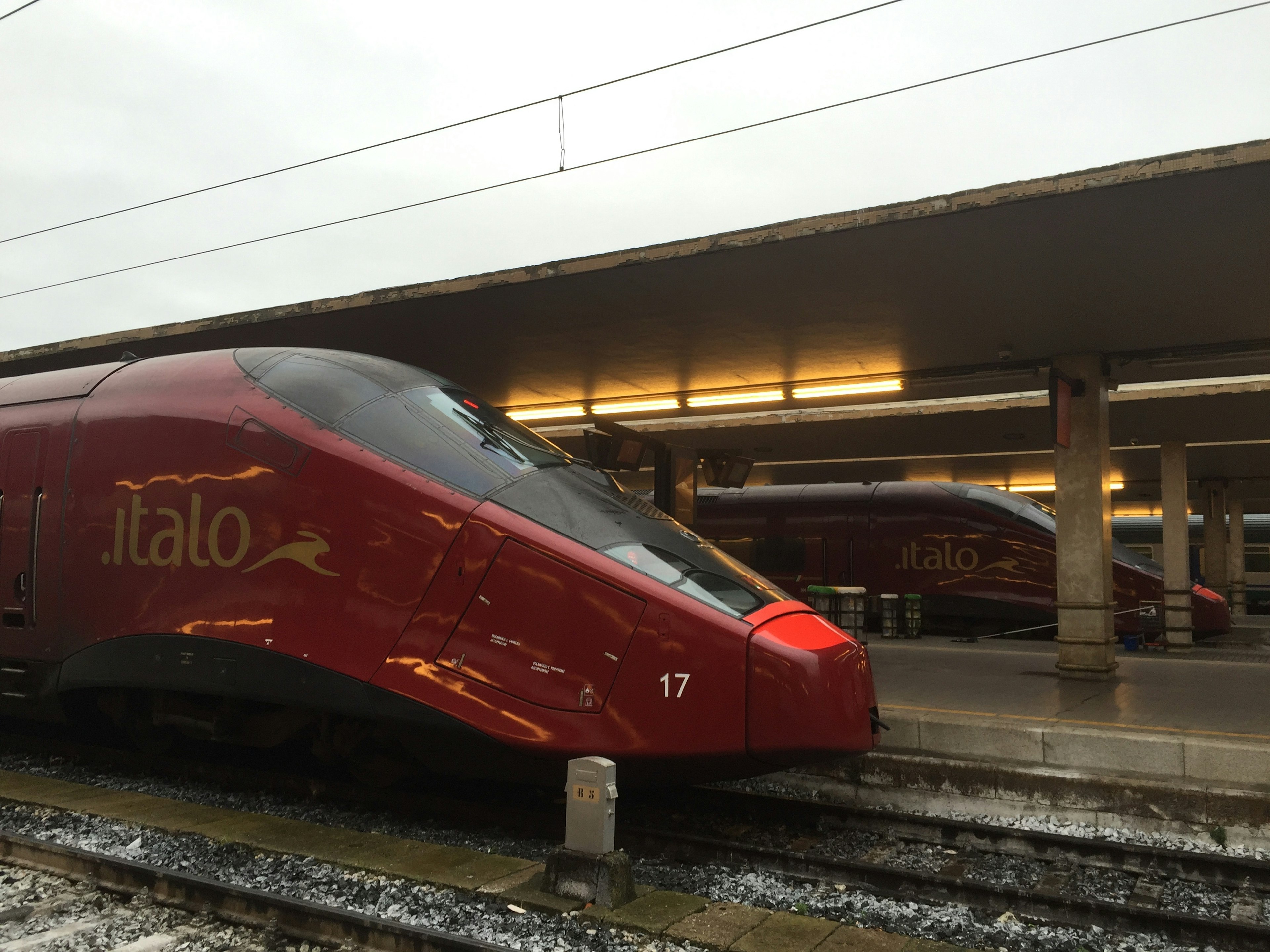 イタロ列車が駅のプラットフォームに停車している様子