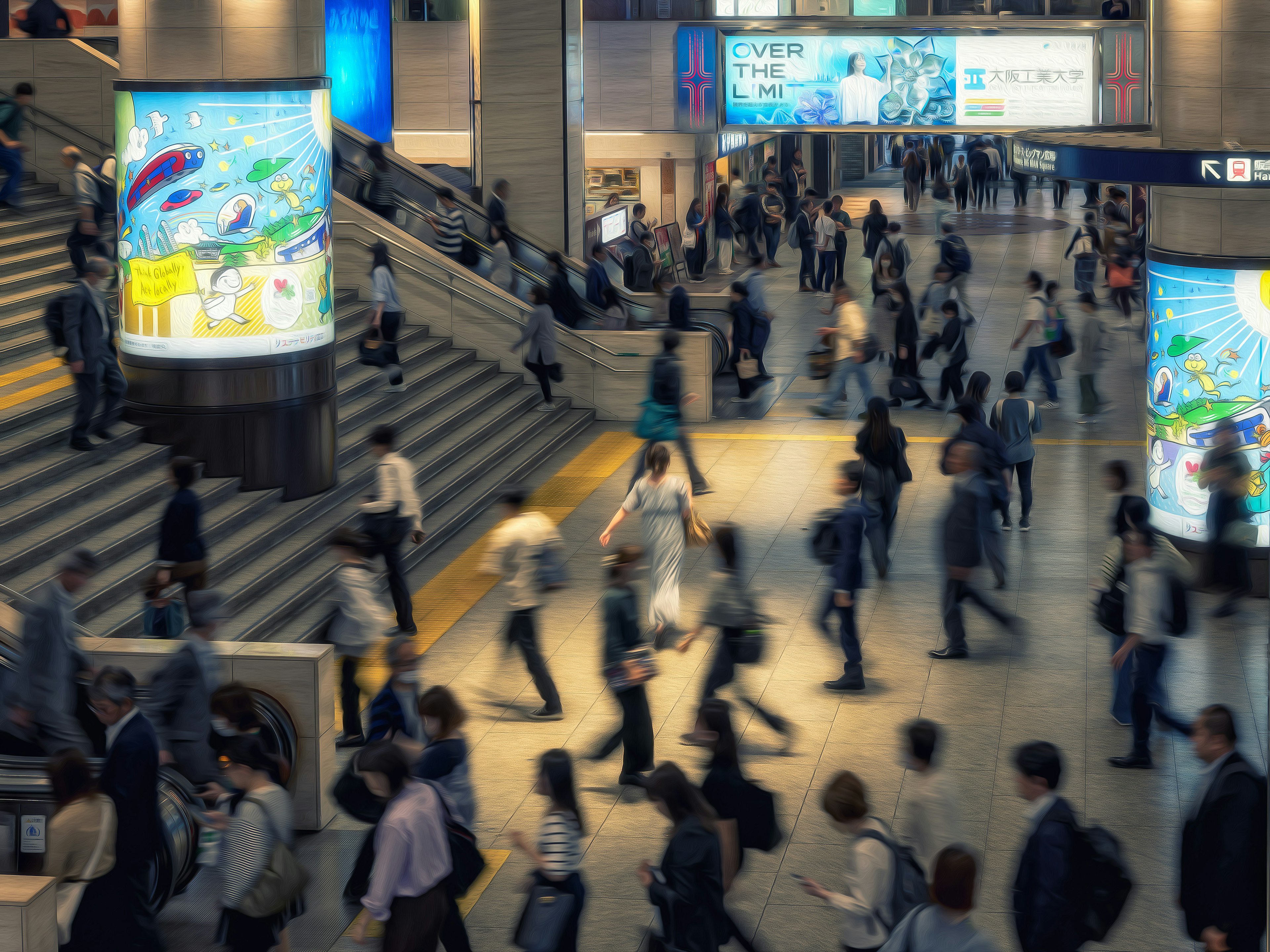 混雑した駅の風景 人々が階段を上り下りしている 大きな広告が背景にある