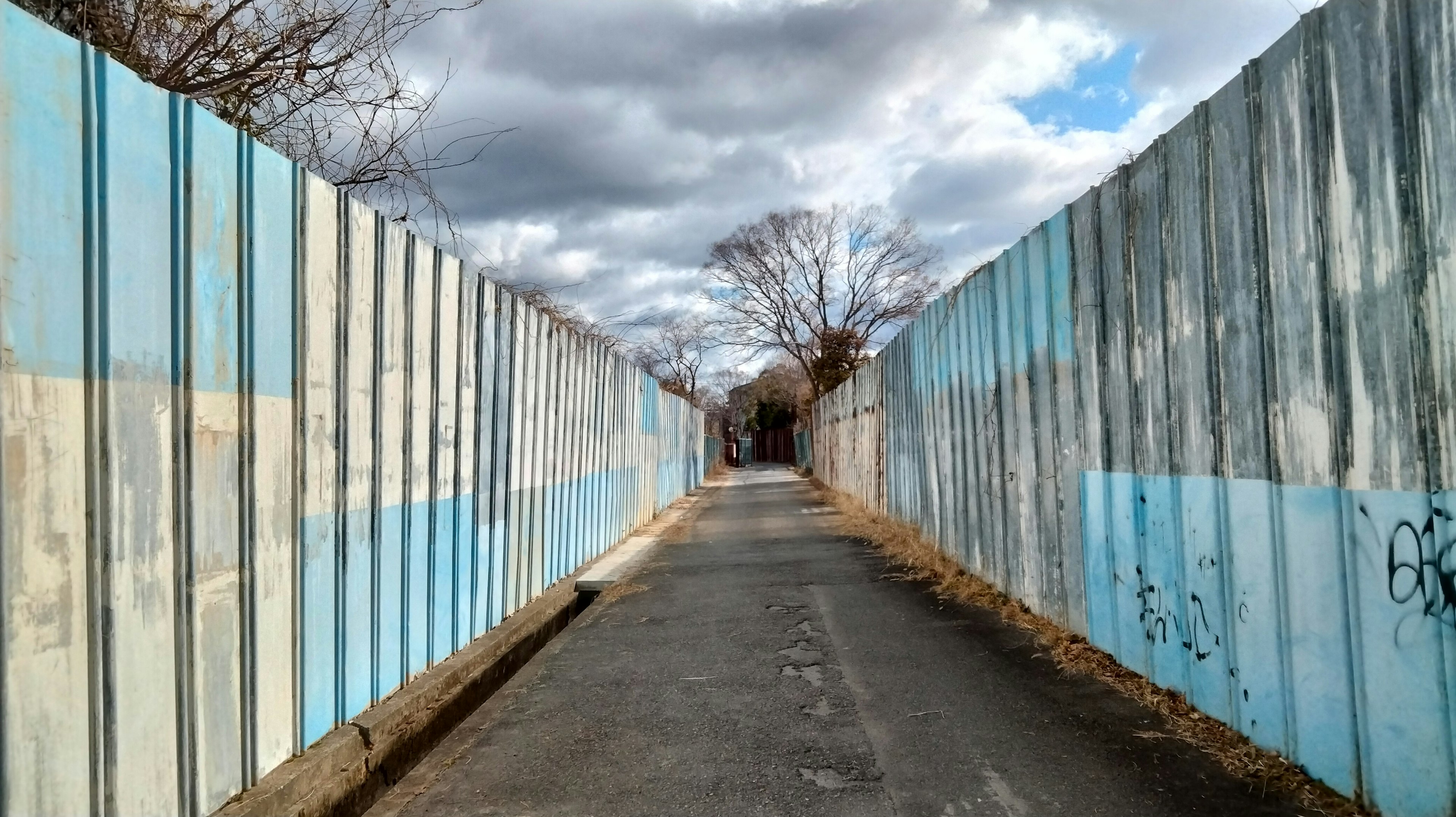 Camino pavimentado flanqueado por muros azules y grises bajo un cielo nublado