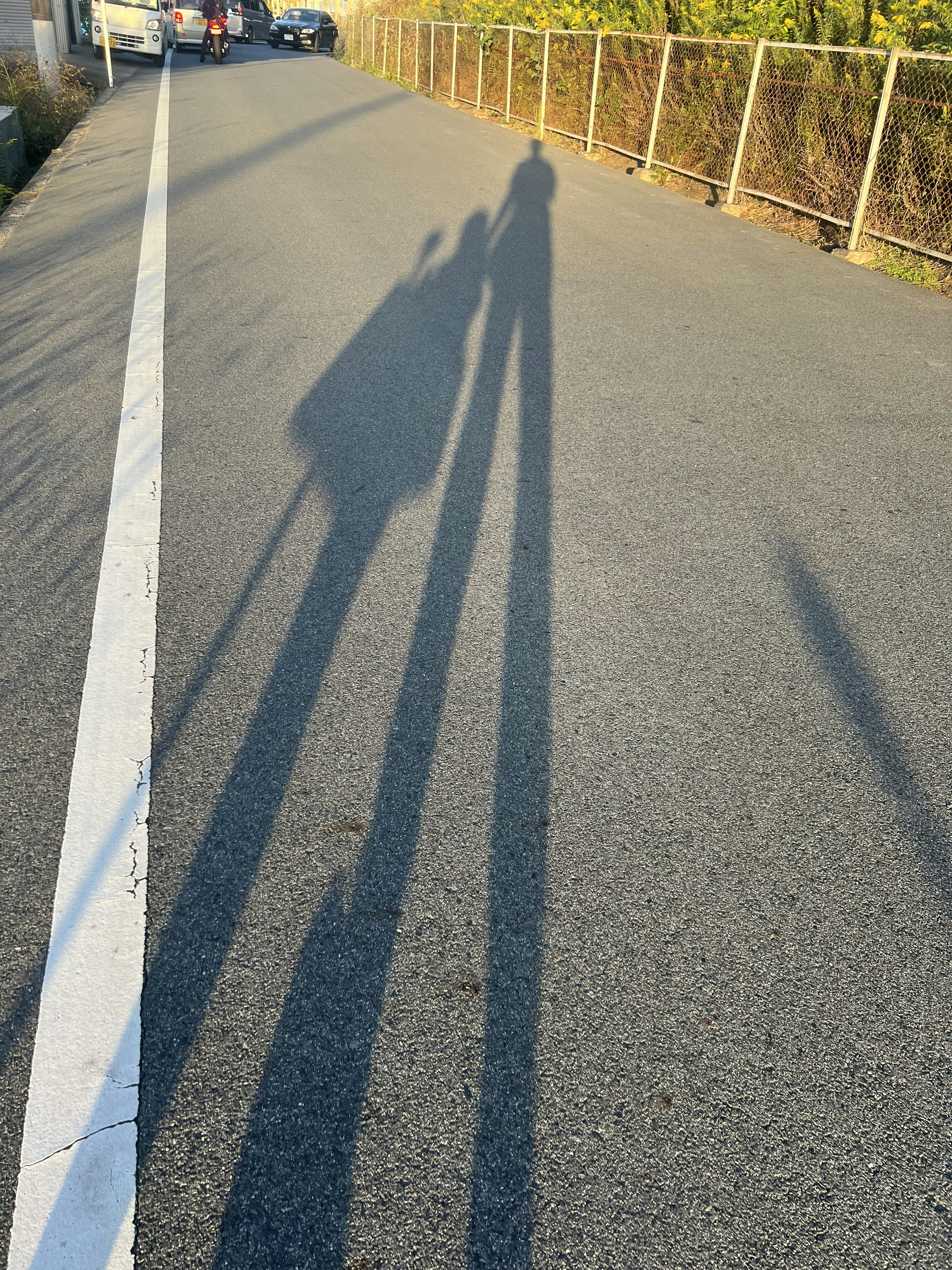 Una escena de una carretera con largas sombras proyectadas por dos figuras