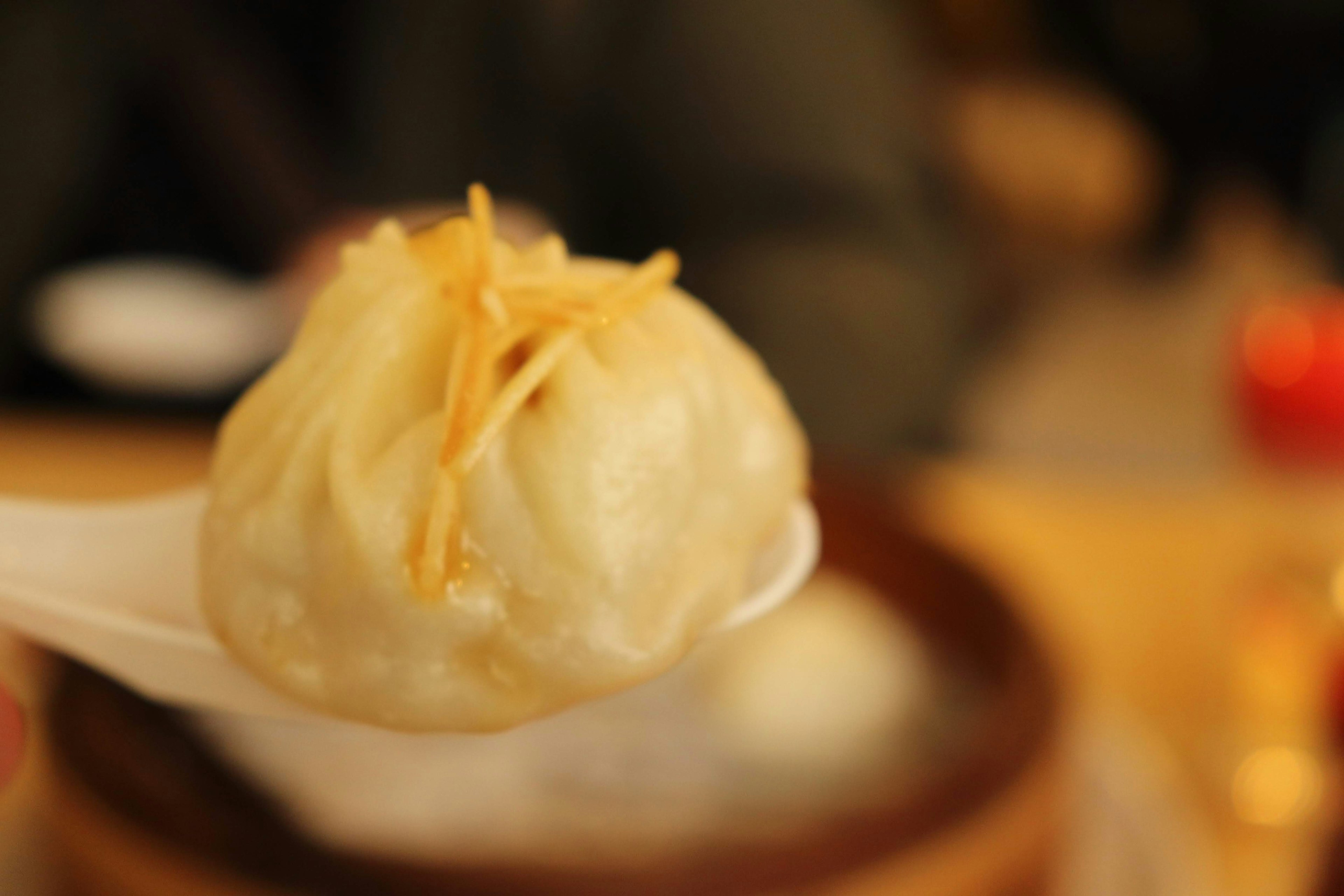 Close-up of a spoon holding a steamed dumpling