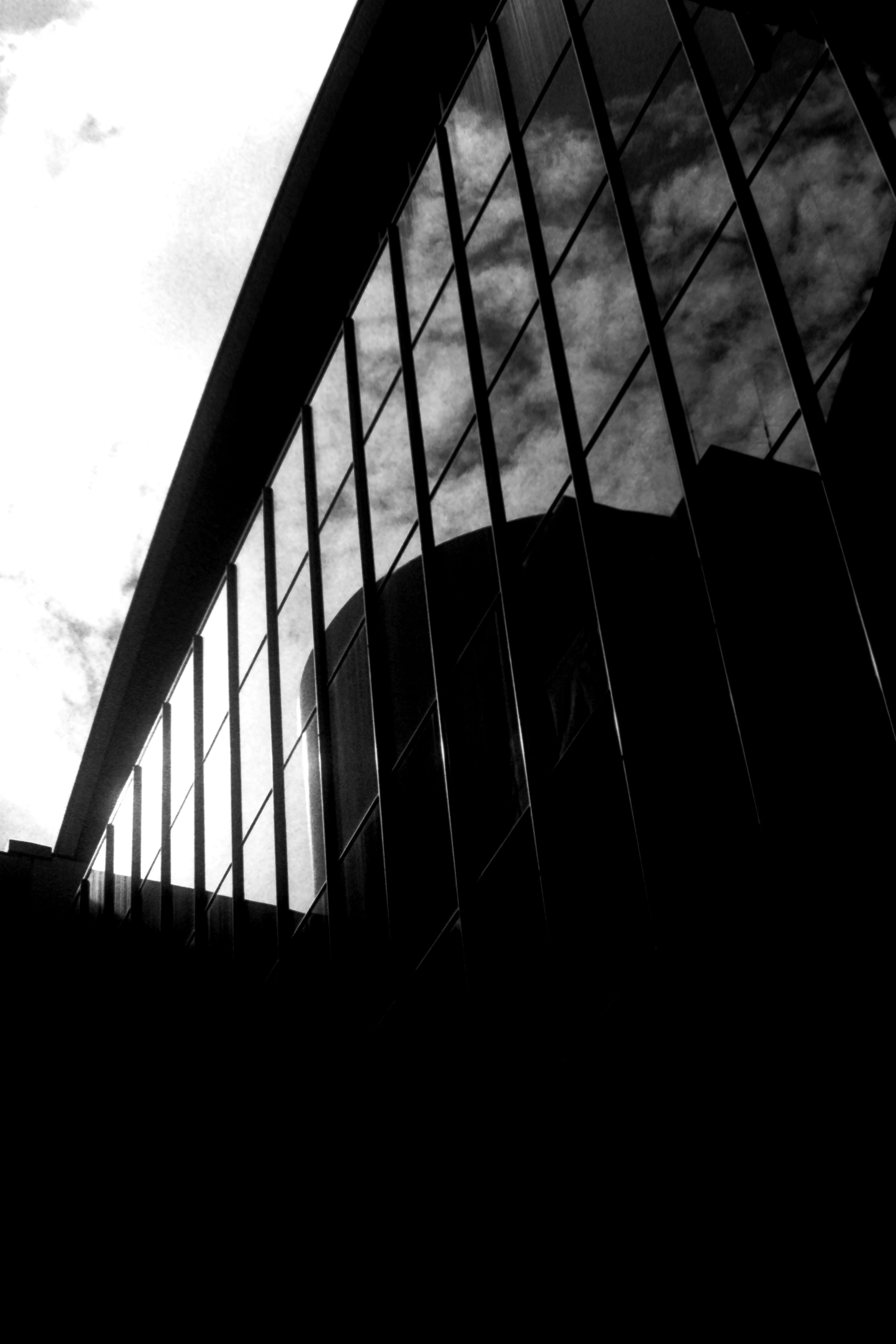 Contrasting black and white architectural detail with reflections