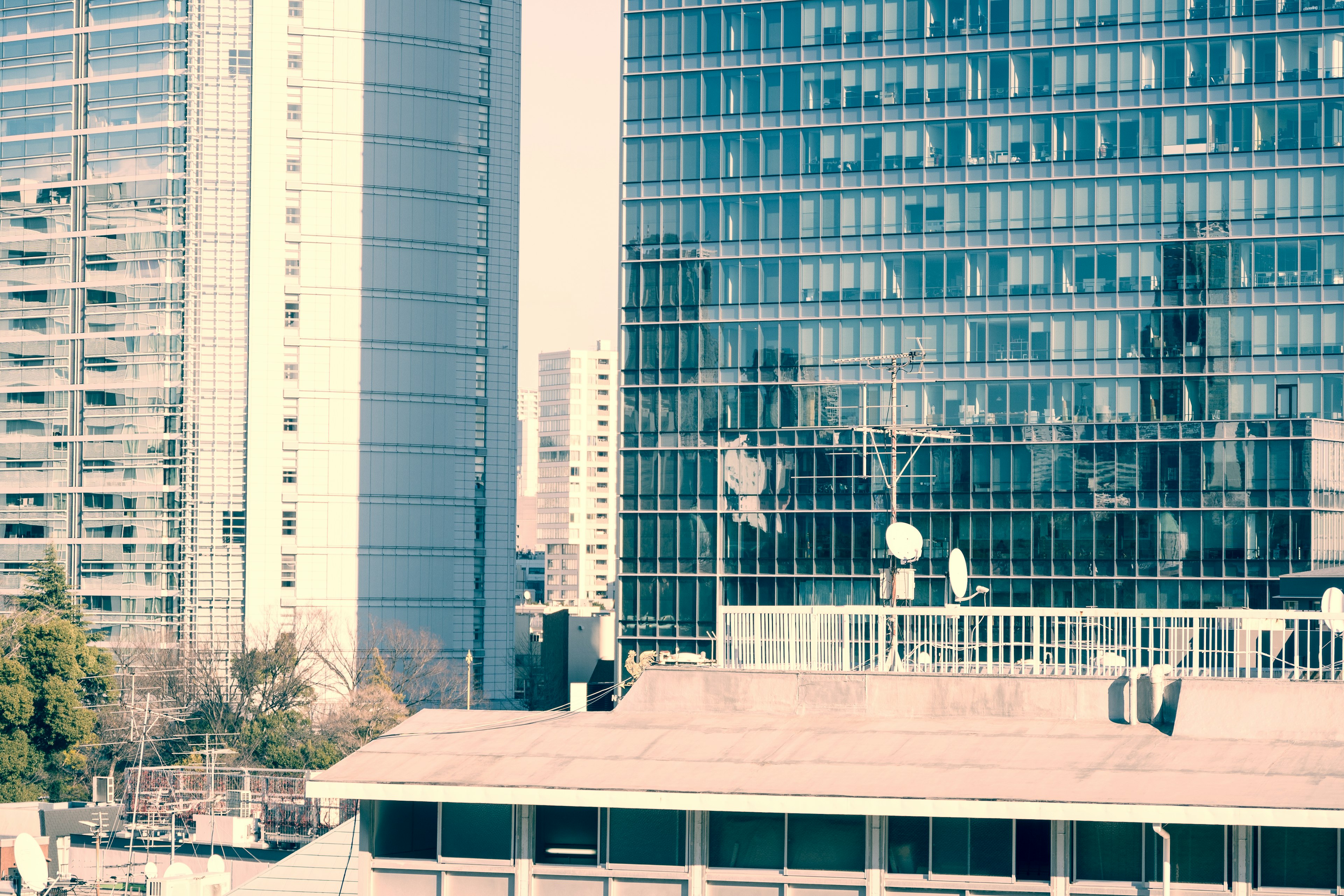 Urban landscape featuring modern skyscrapers and rooftops