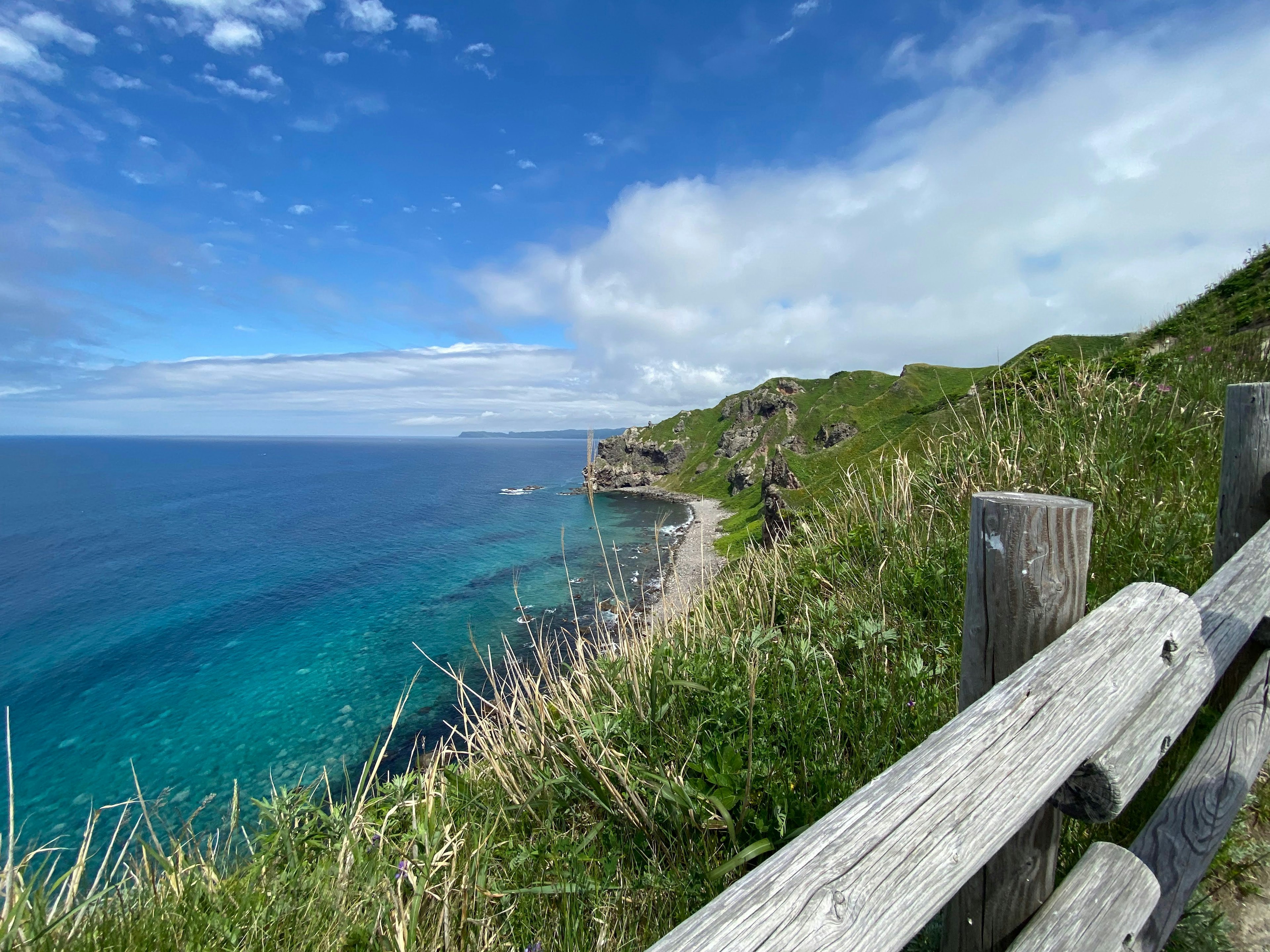 Vue côtière pittoresque avec océan bleu et herbe verte sur les falaises