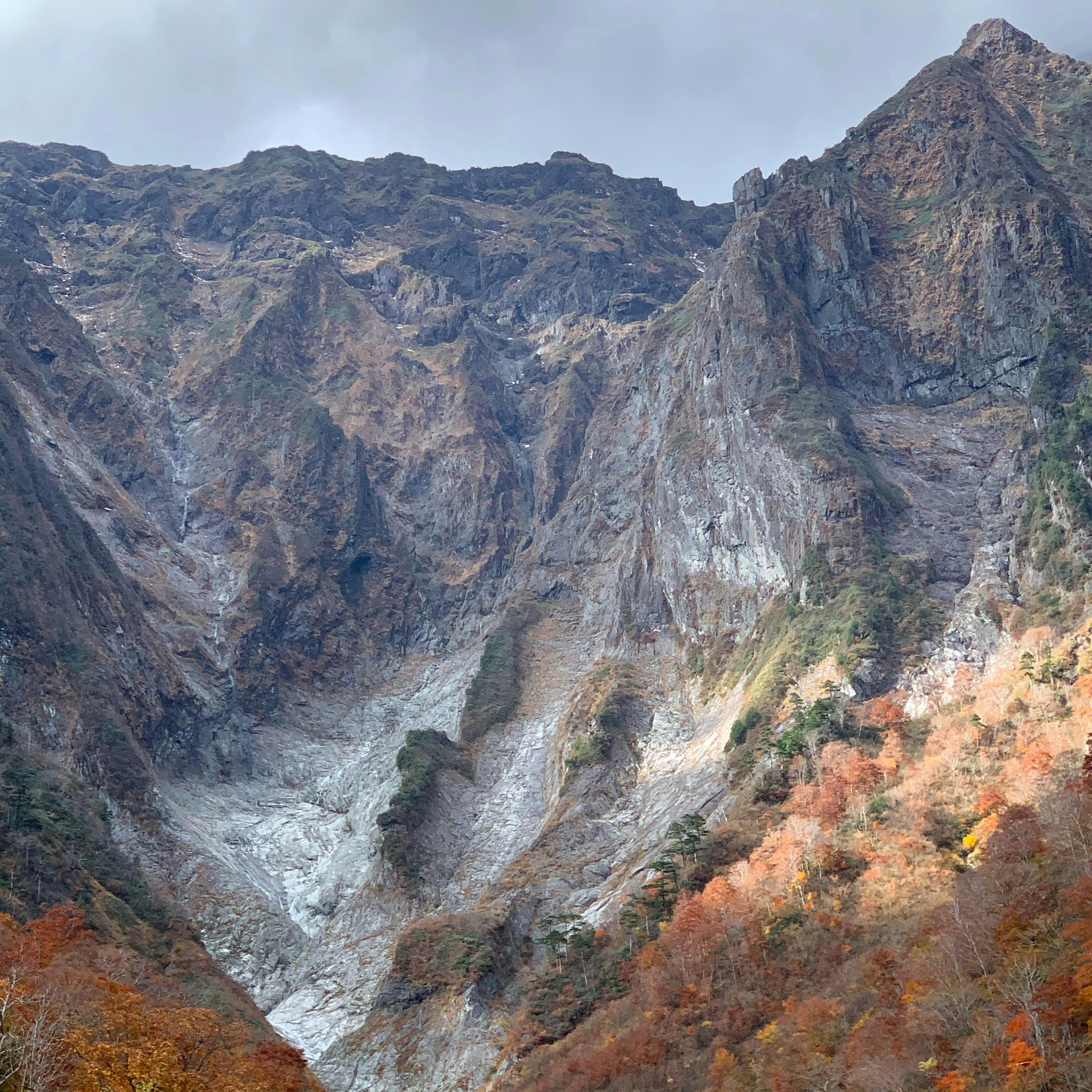 色とりどりの秋の木々に囲まれた山岳の景観