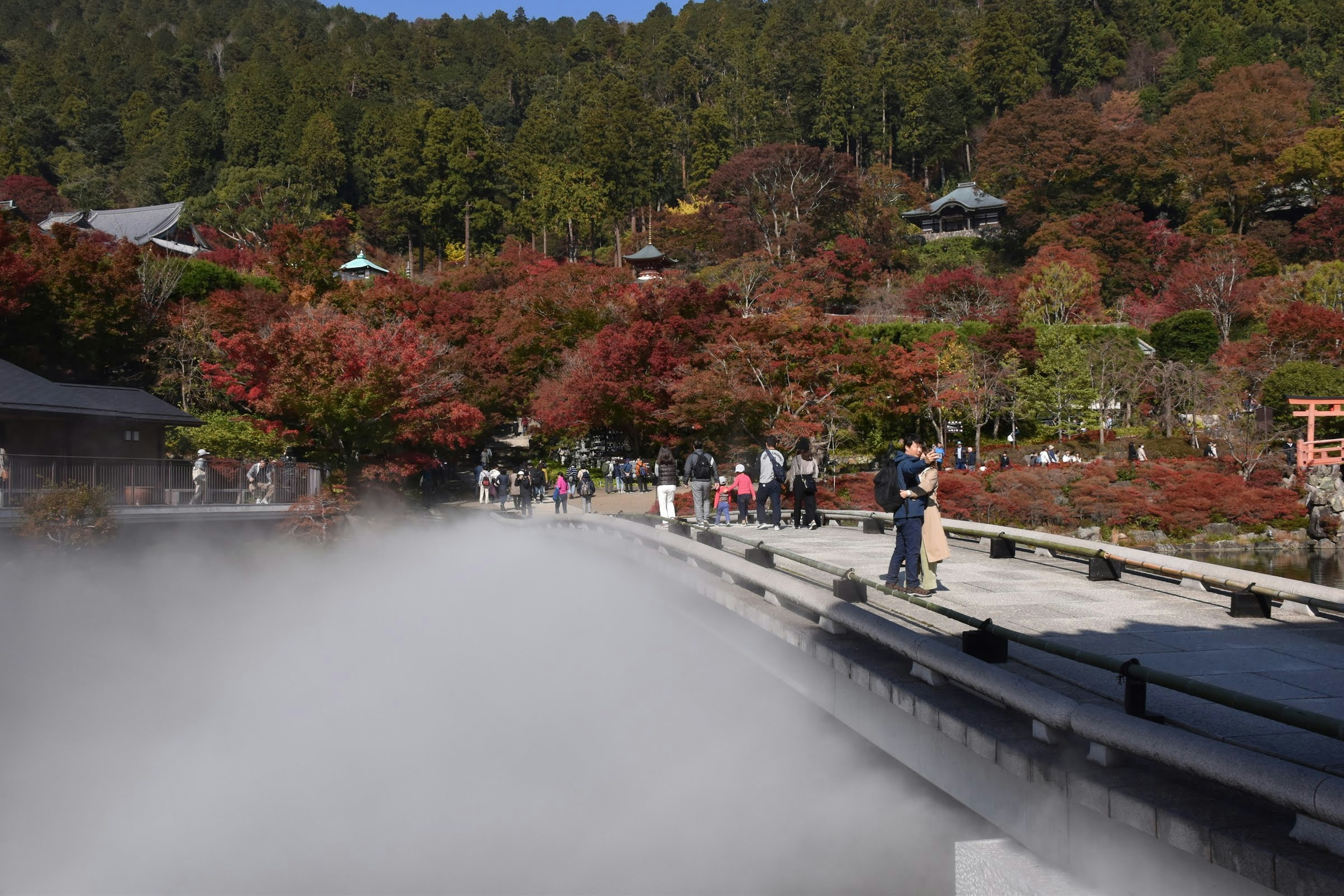 美しい秋の紅葉が広がる景色と温泉の湯気