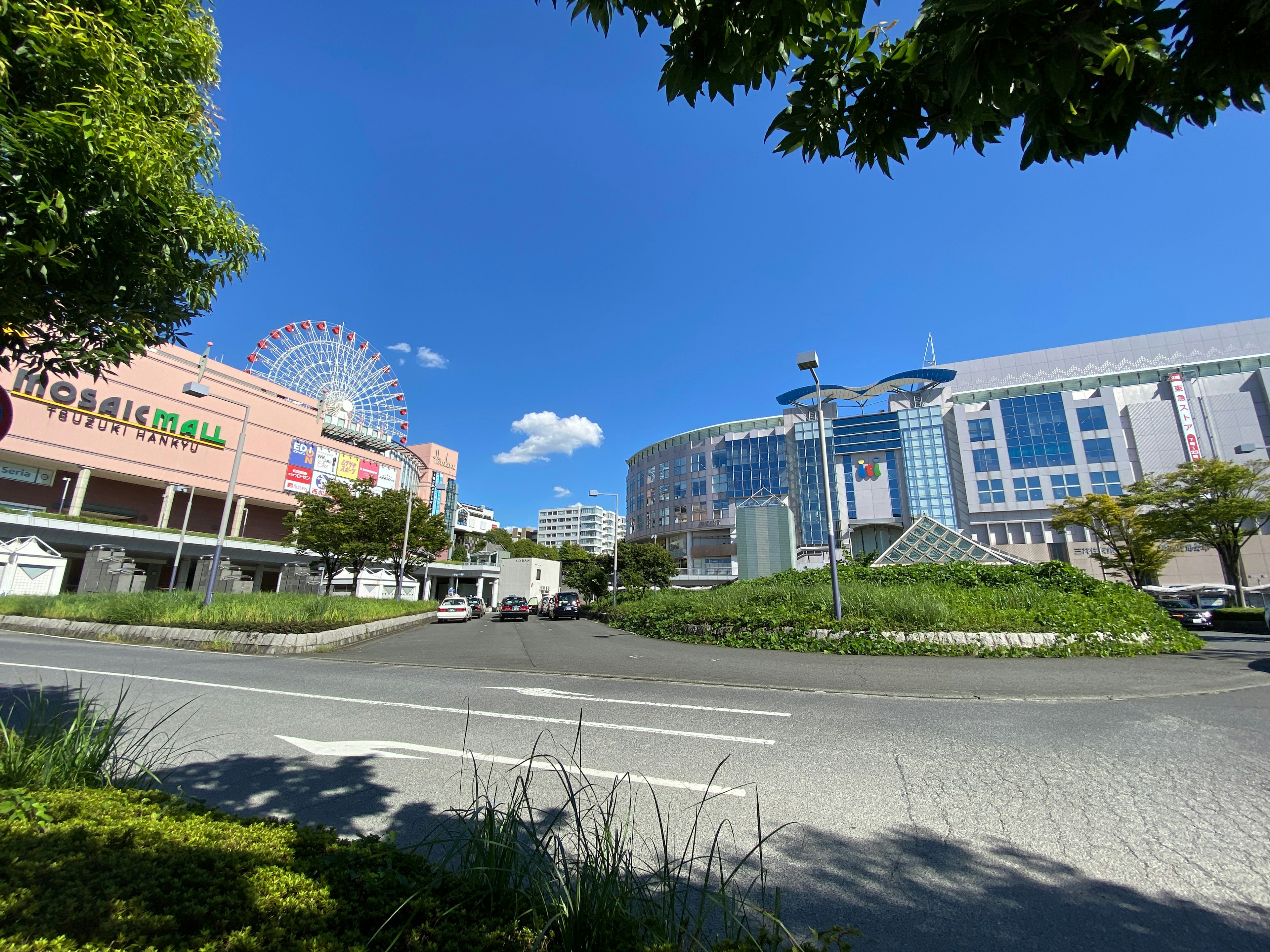 View of a shopping center and Ferris wheel under a blue sky