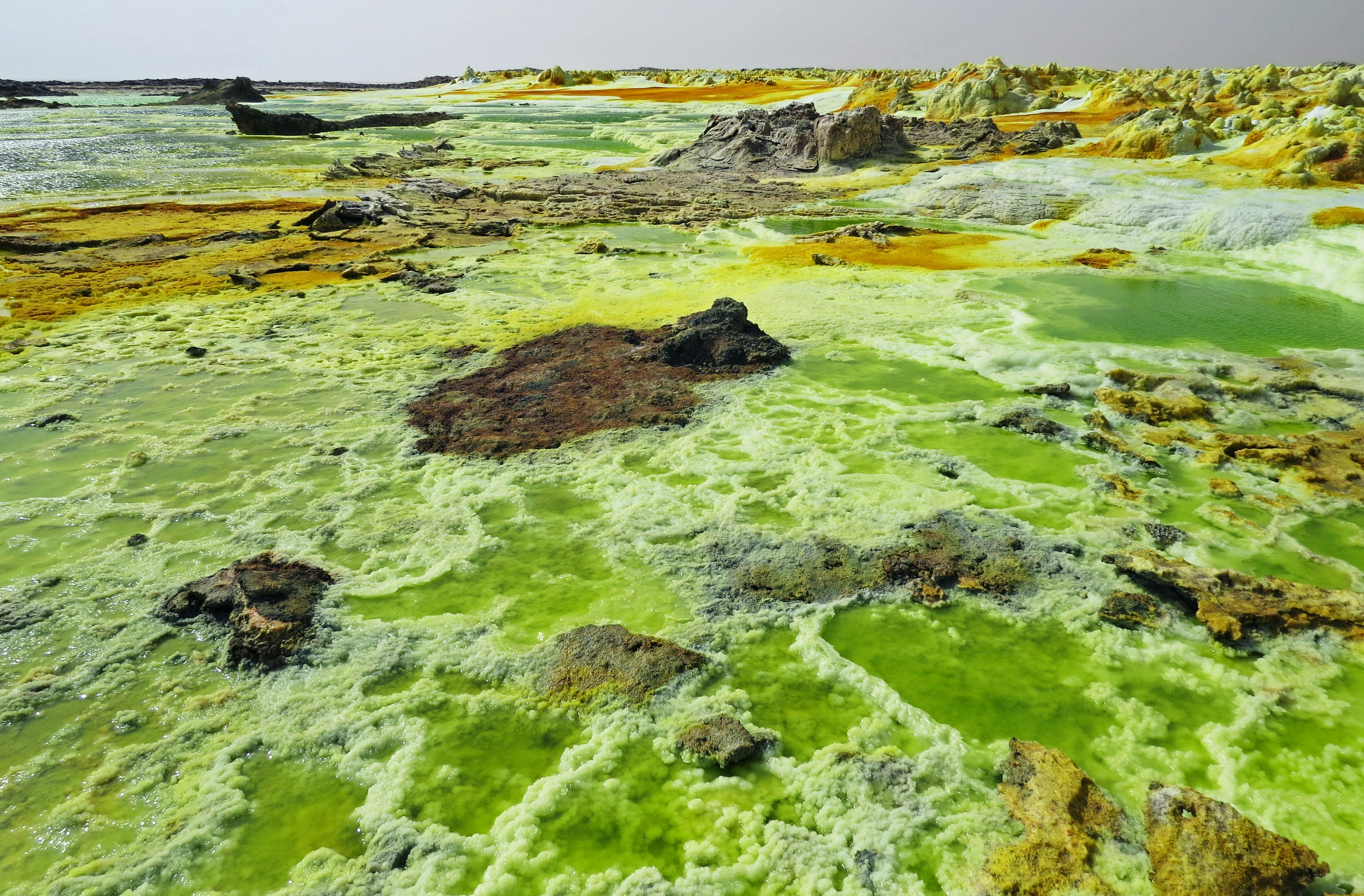 Landschaft mit grünlich-gelbem Boden und Felsformationen