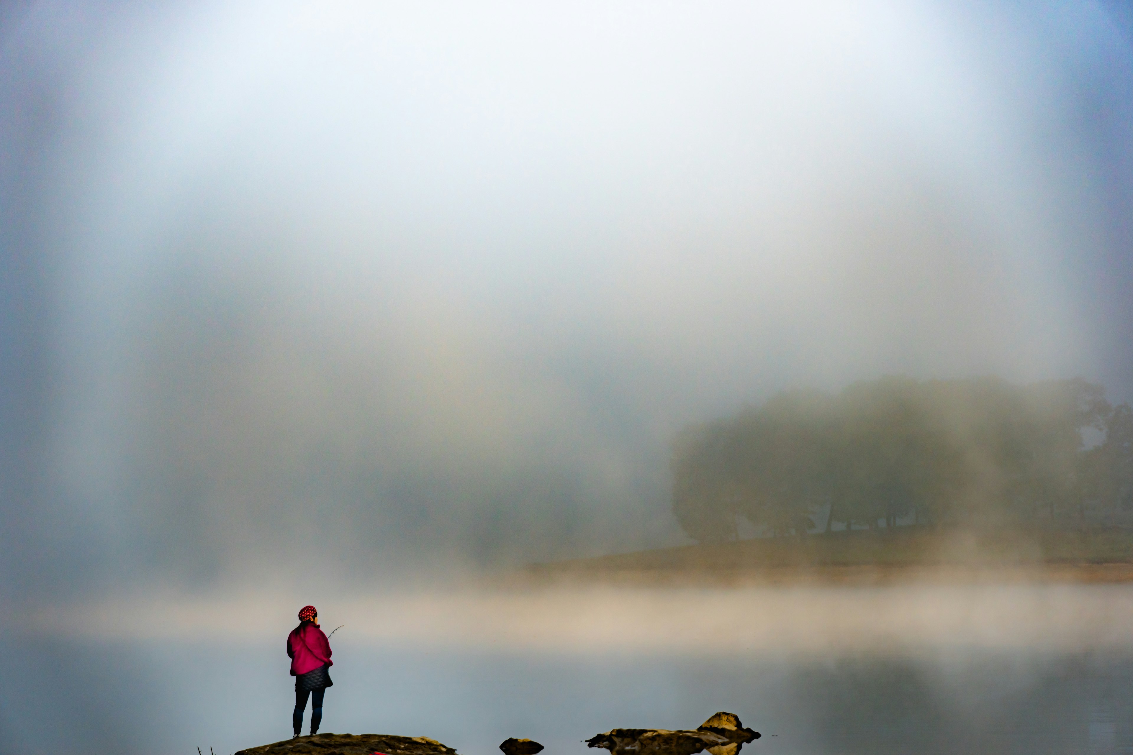 A person in a pink jacket standing in fog by a serene lake