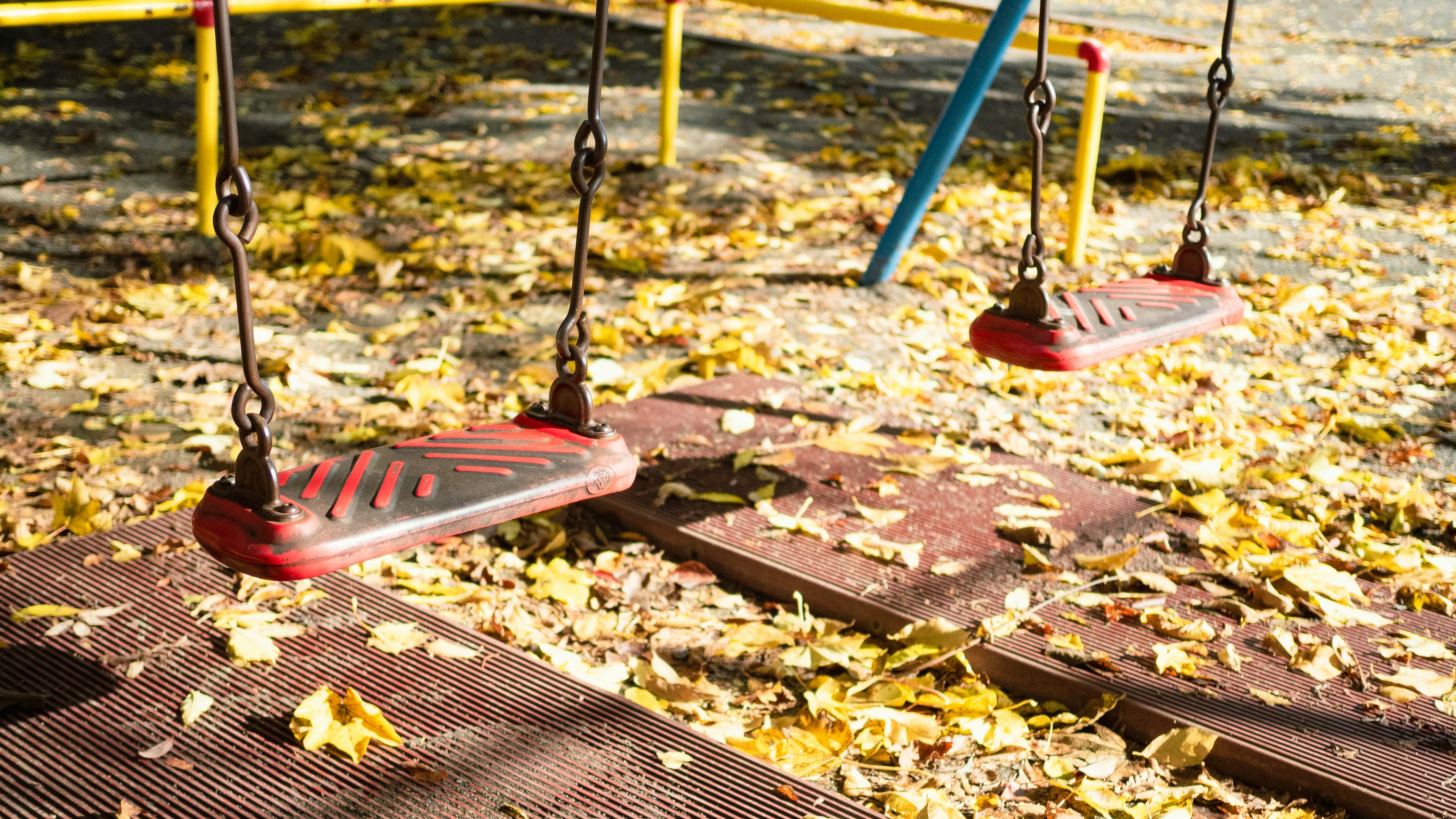 Close-up of swings at a playground covered in autumn leaves