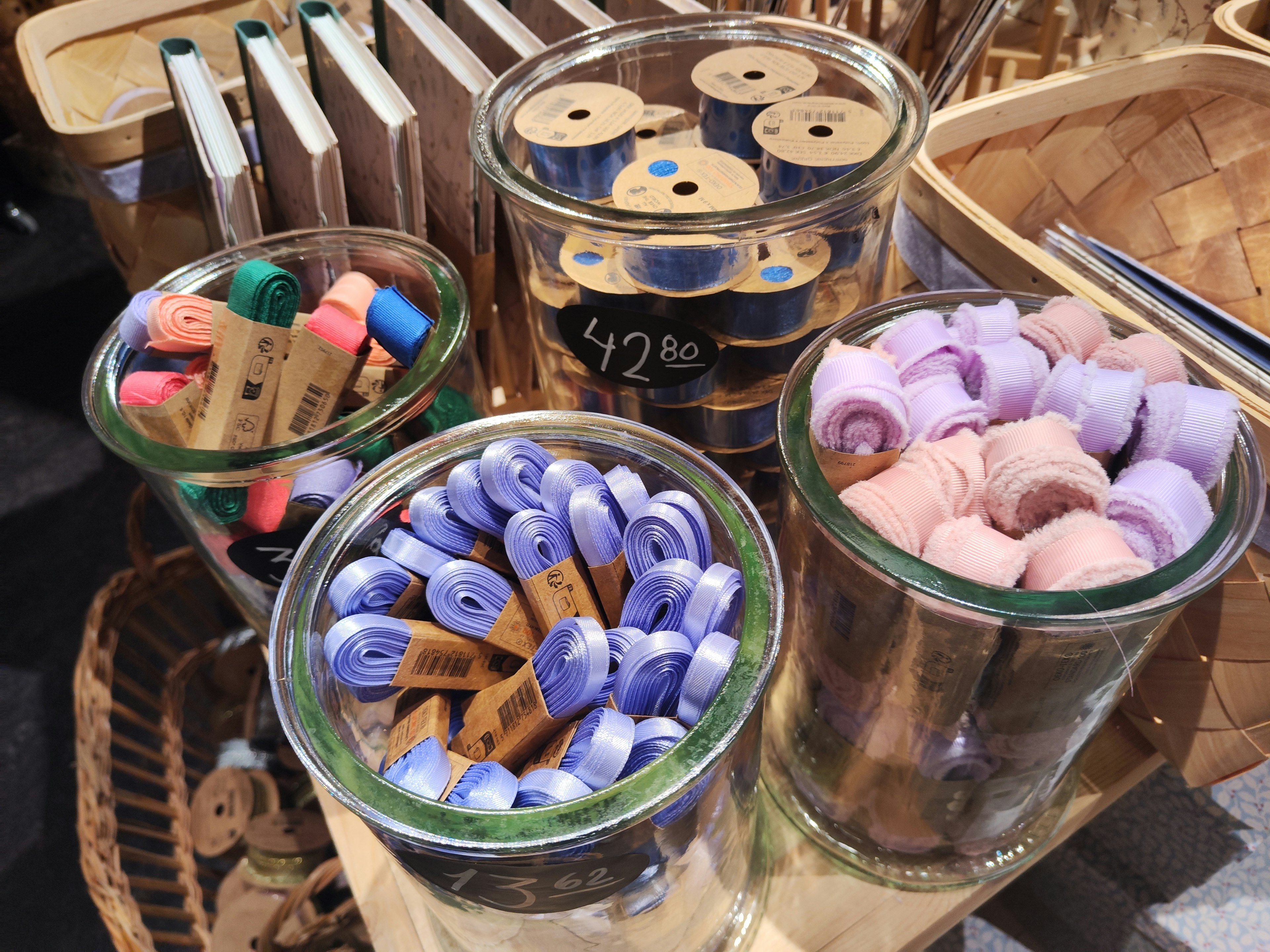 Colorful spools of thread in glass containers