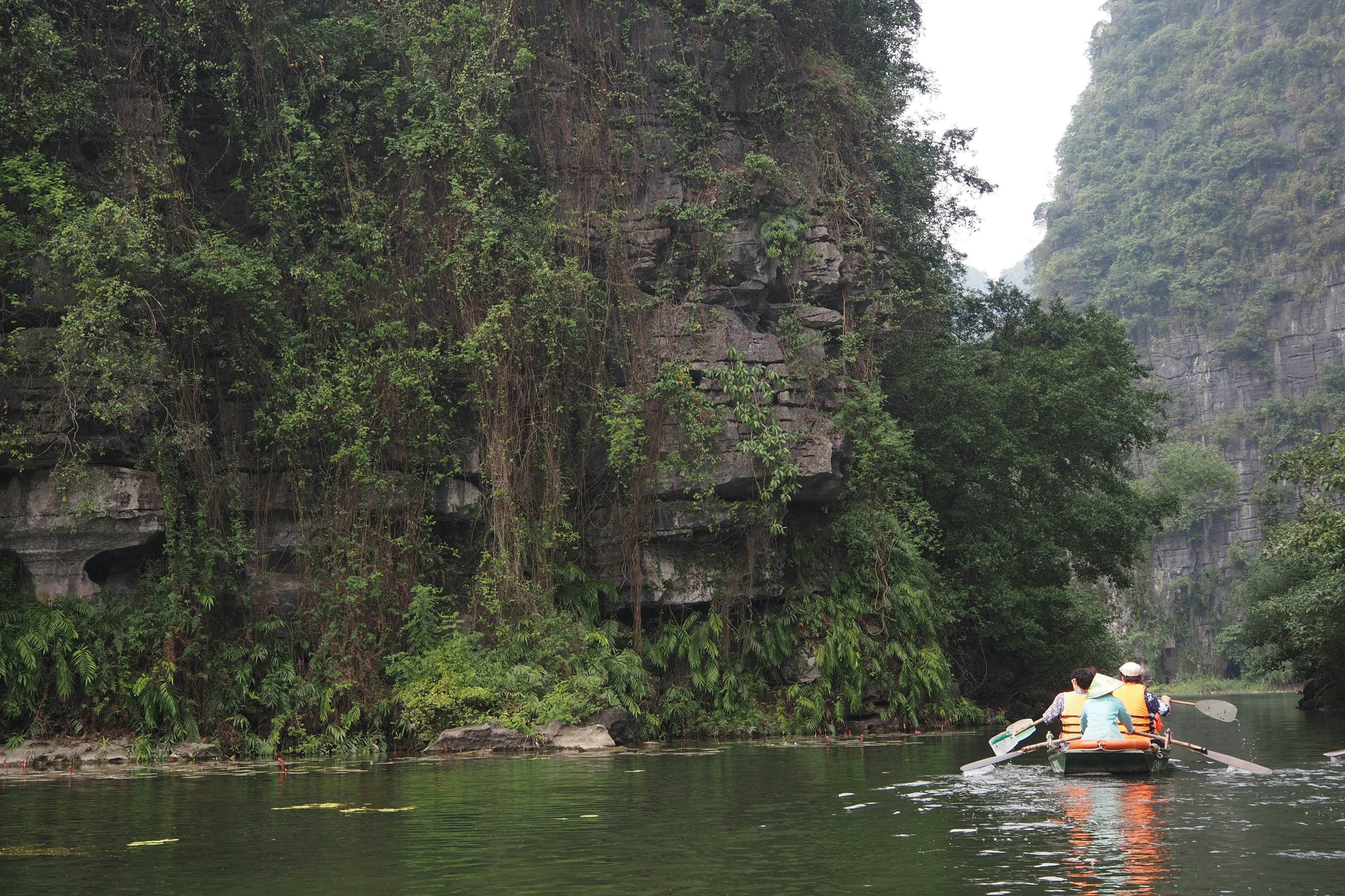 Una escena serena de un bote remando en un río tranquilo rodeado de montañas verdes