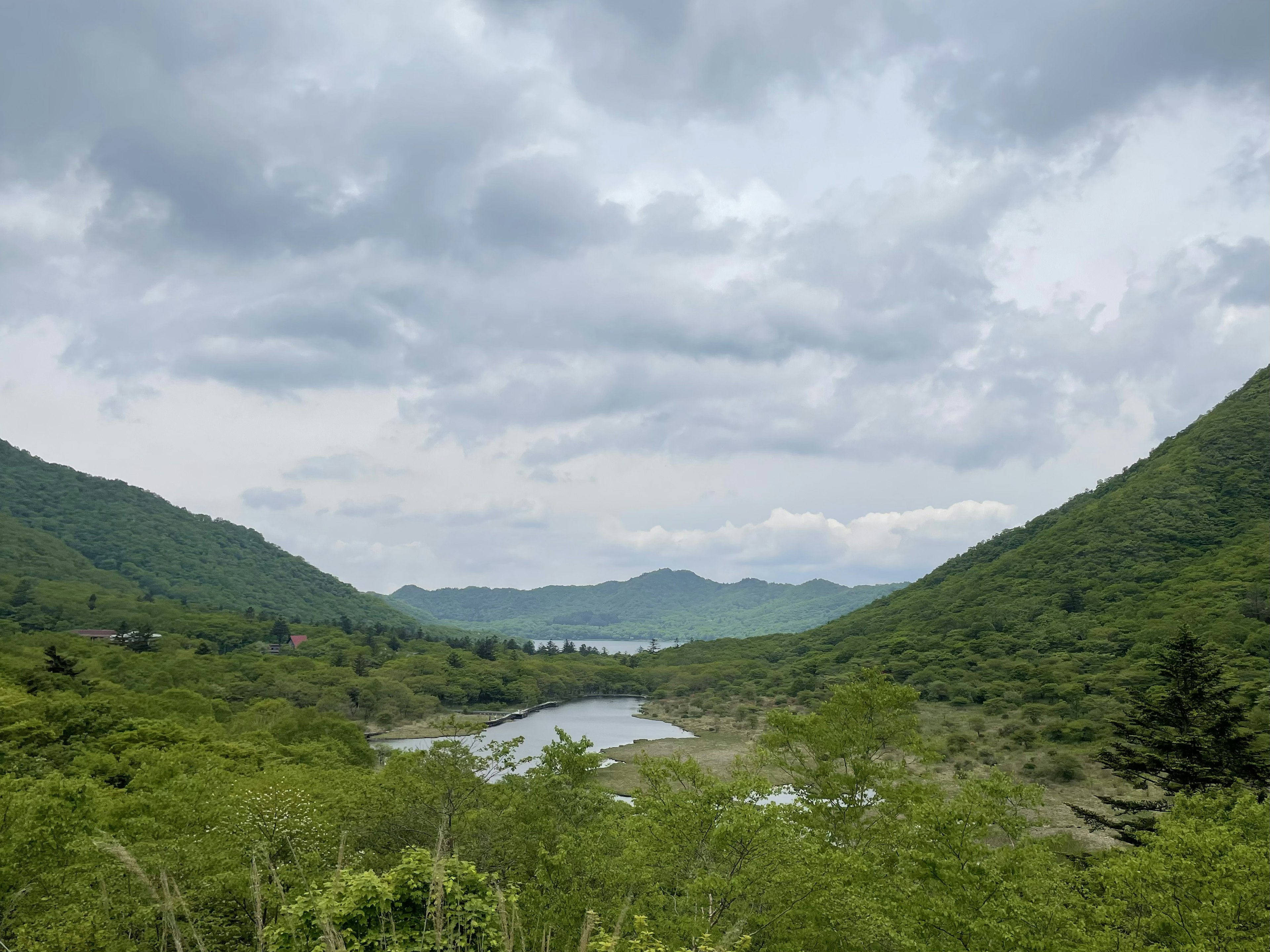 緑豊かな山々と川の風景曇り空の下