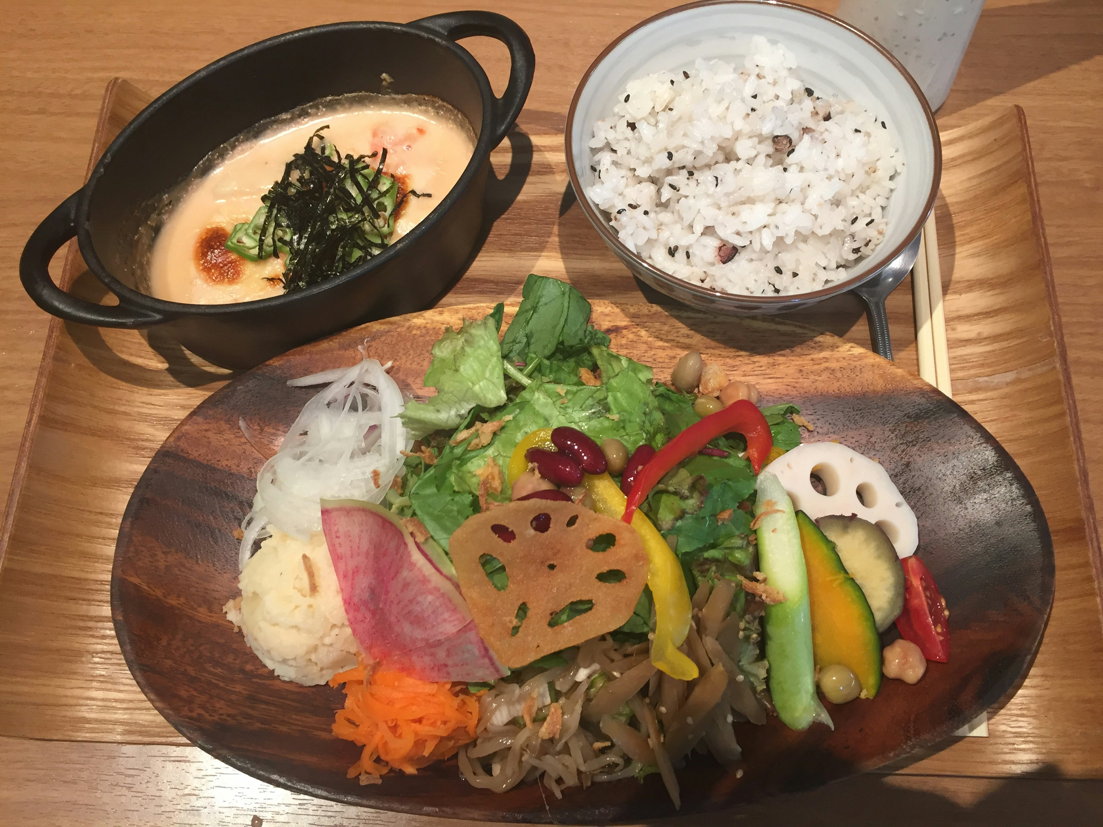 Japanese style vegetable dish with miso soup and rice