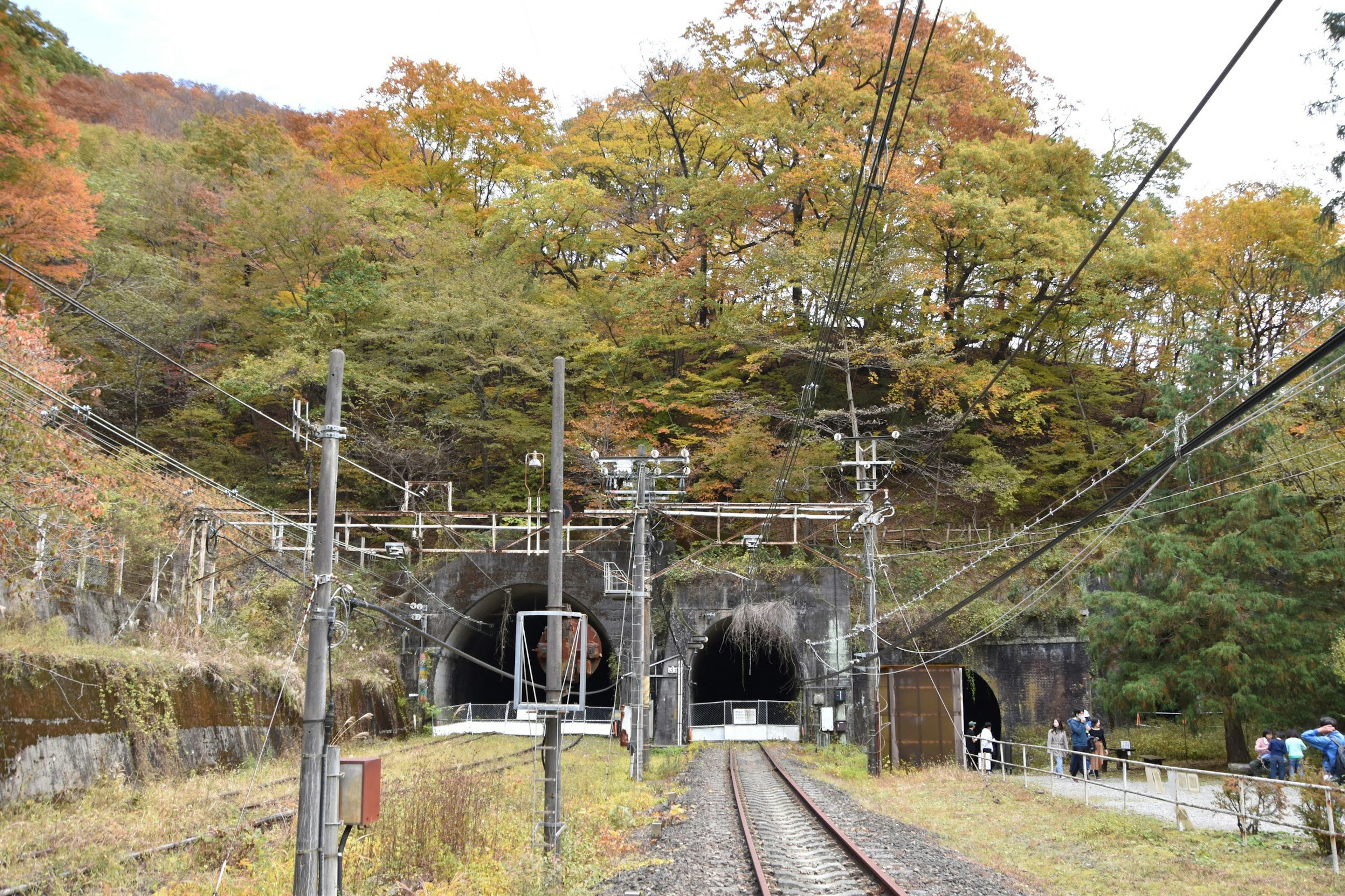 秋の風景に囲まれた二つのトンネルと鉄道の景色