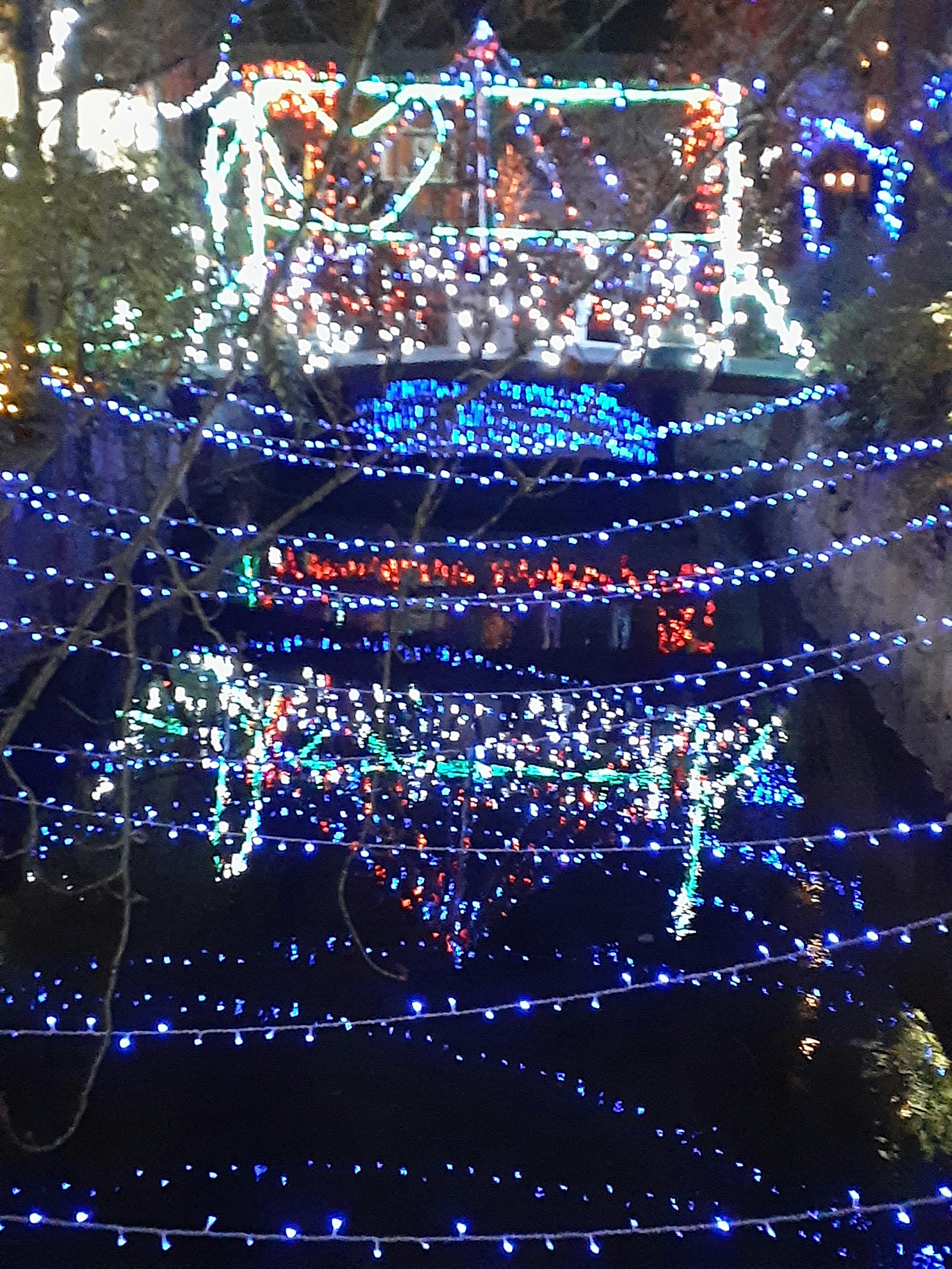 A scenic view of a river adorned with blue and white lights