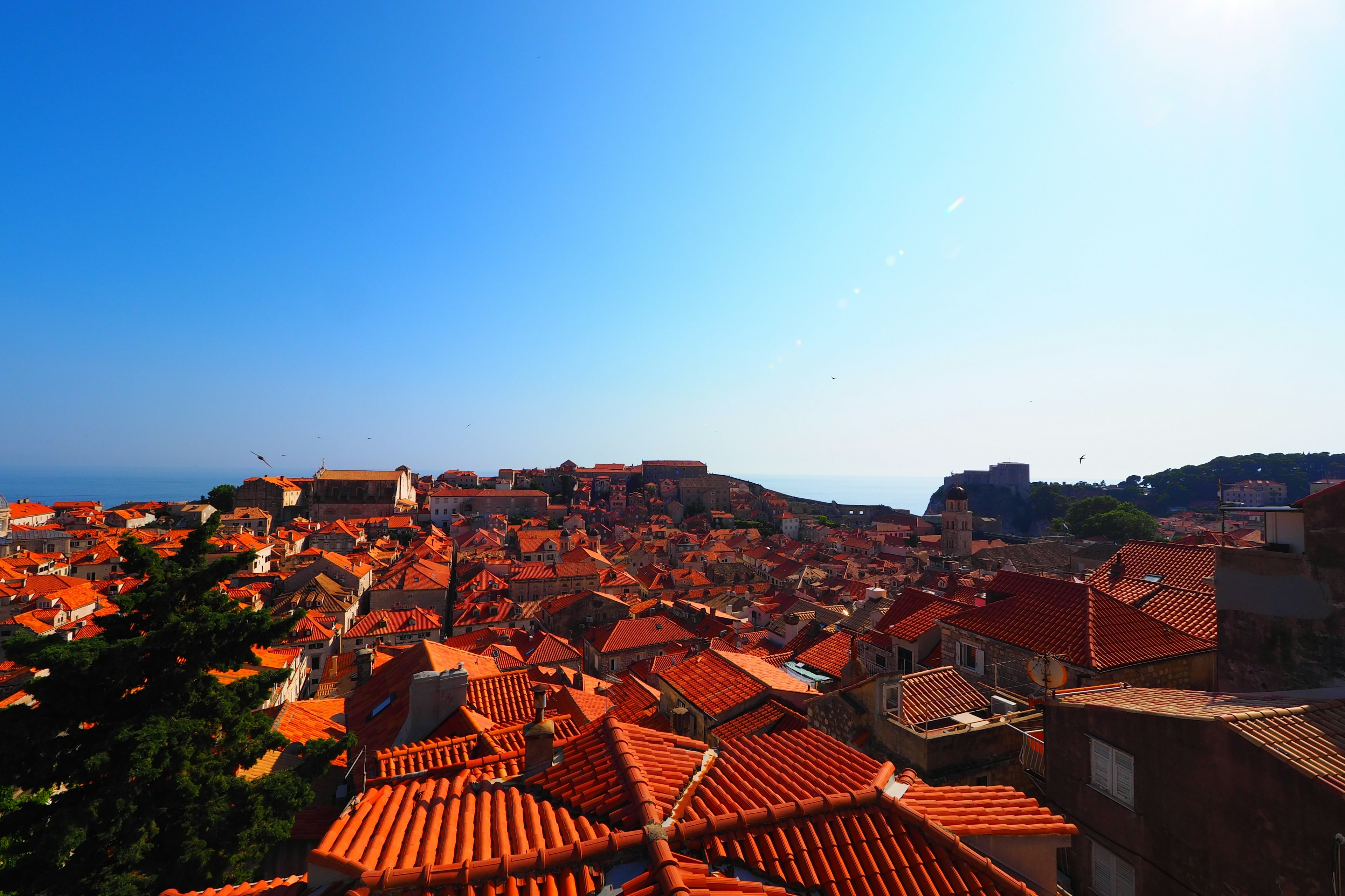 Panoramic view of a town with red rooftops under a blue sky