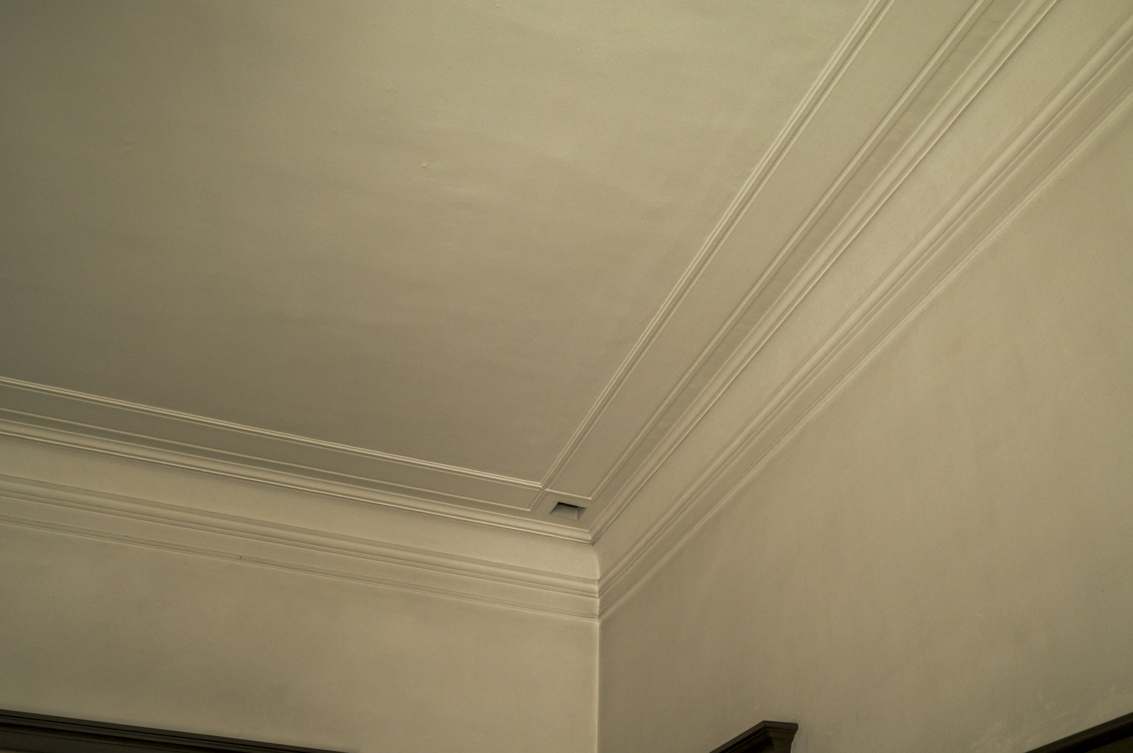 A corner of a room showing the ceiling and white molding